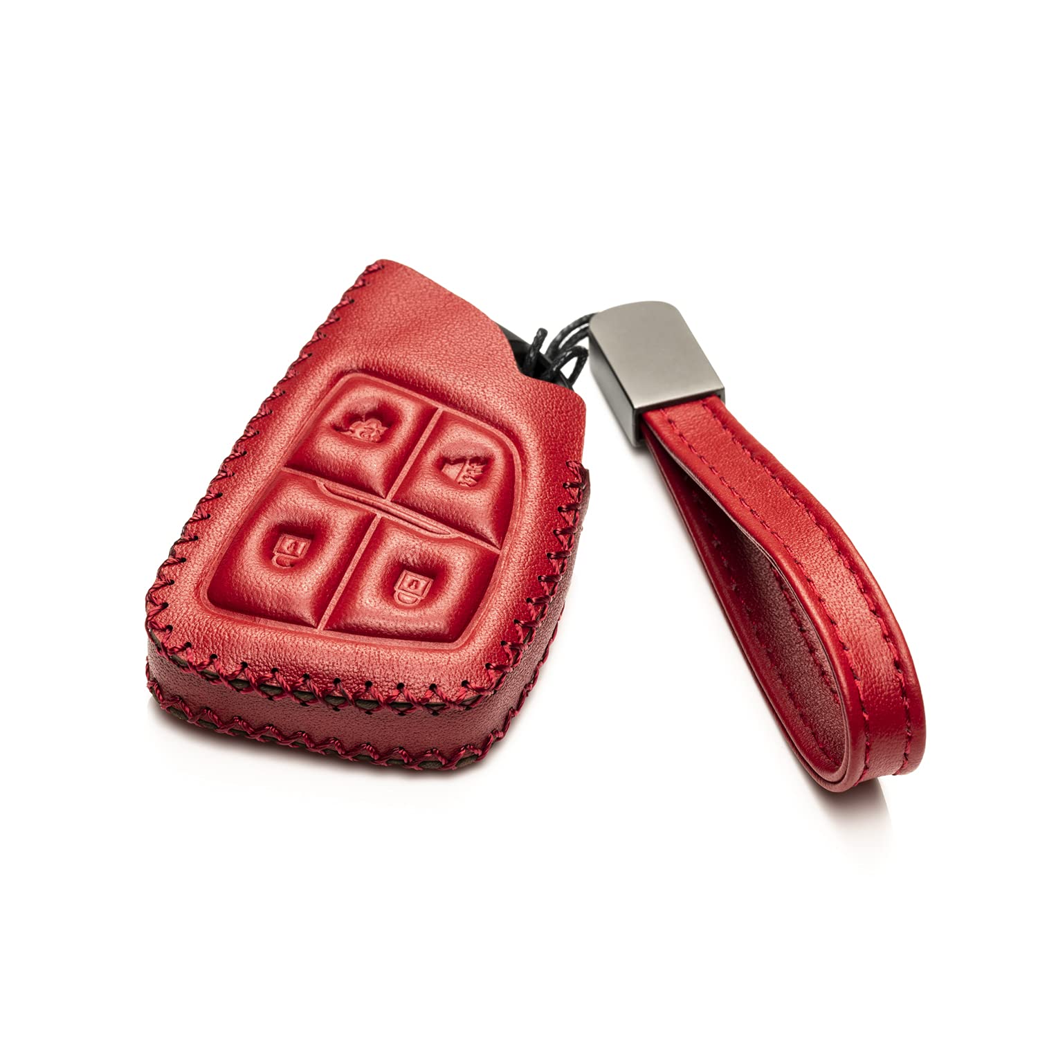 Vitodeco Genuine Leather Smart Key Fob Case With Leather Key Strap Compatible With Chevrolet Suburban 2024, Chevrolet Tahoe 2024, Chevrolet Silverado 2024 (4-Button, Red)