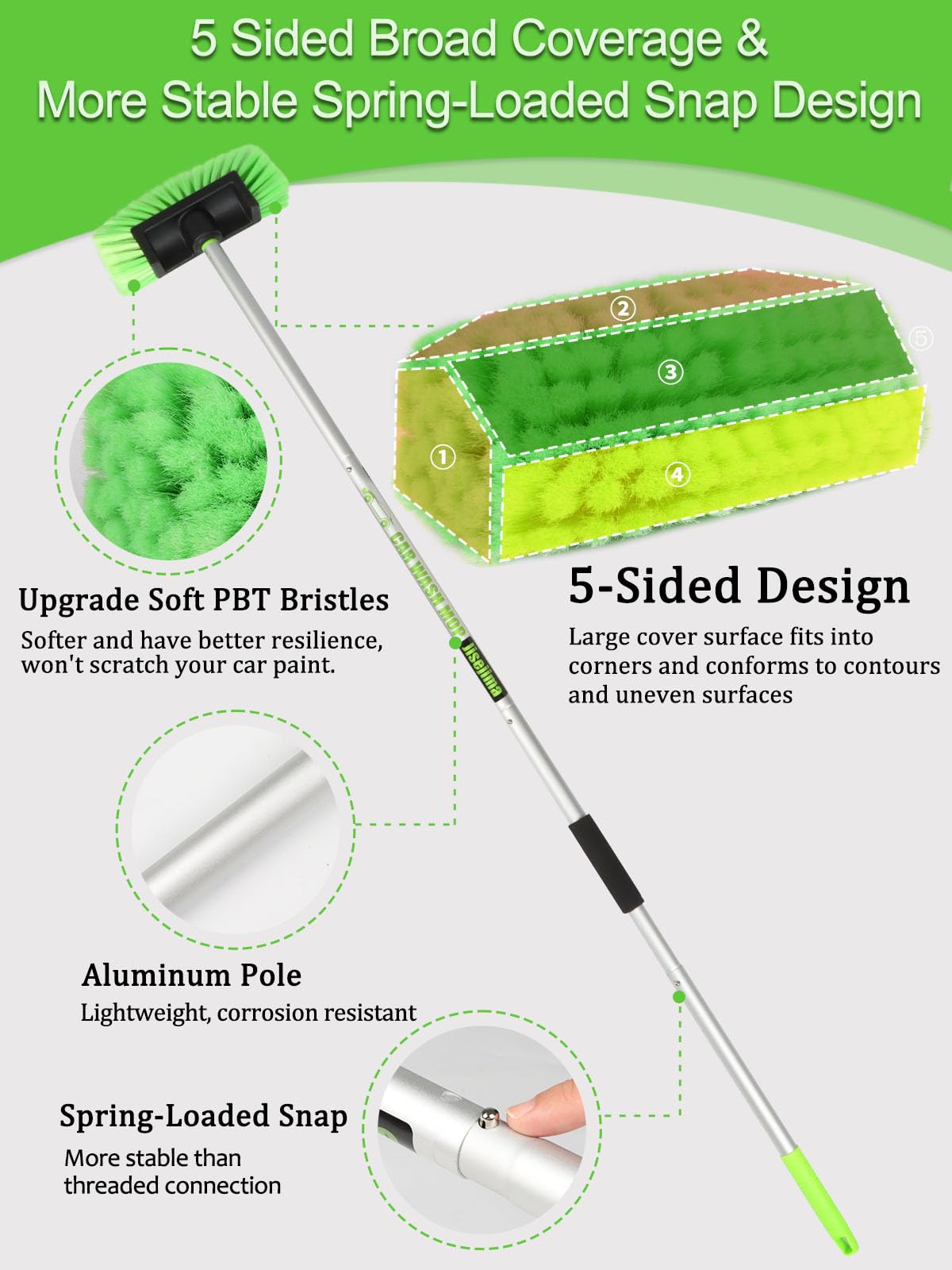 Jisejima Five-Sided Car Wash Brush With Long Handle,Soft Bristle Scrub Cleaning Mop With Extendable Handle For Car, Suv, Truck,