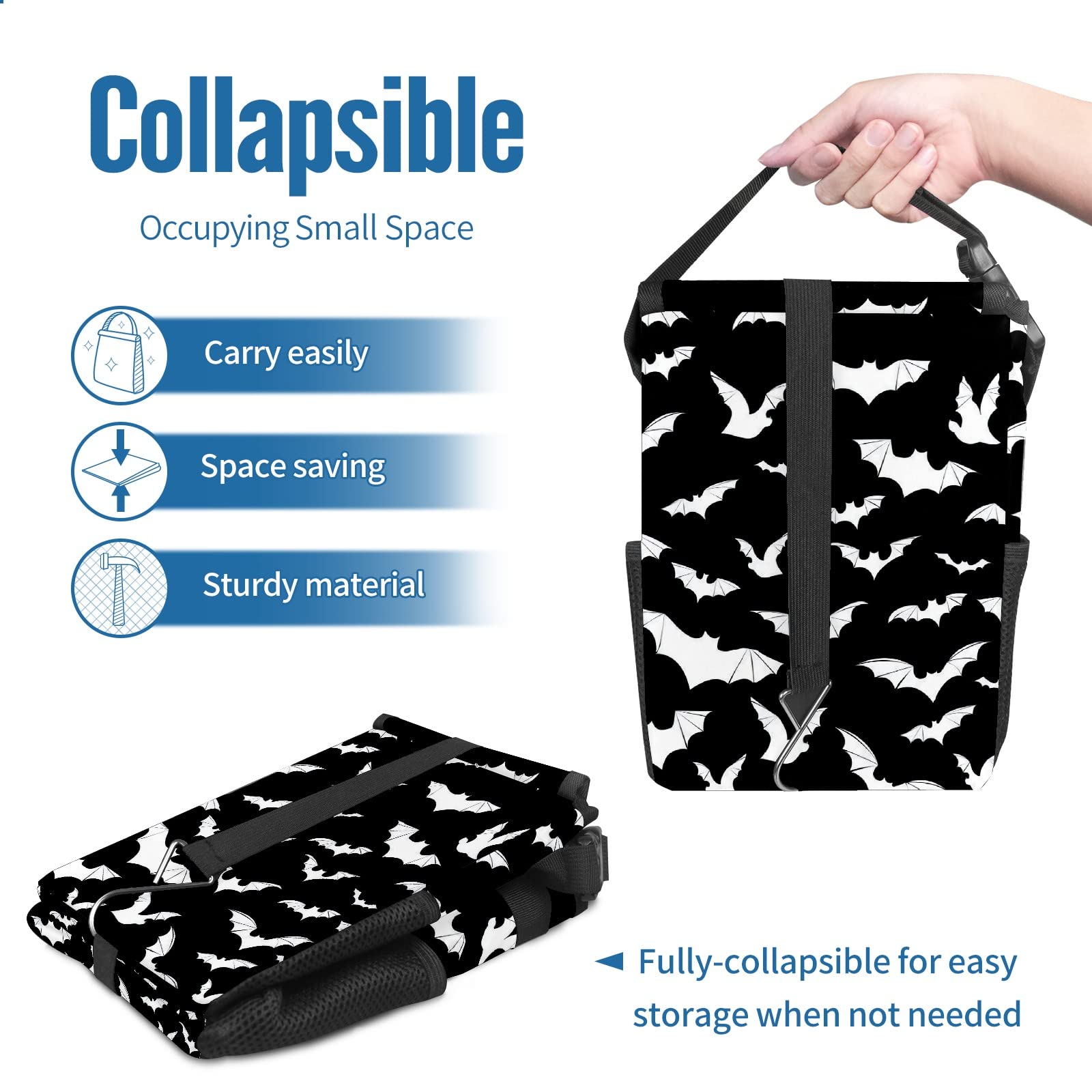 Black And White Goth Bats Car Trash Can With Lid Collapsible Reusable Waterproof Car Garage Bag,Automotive Garbage Can,Car Acces