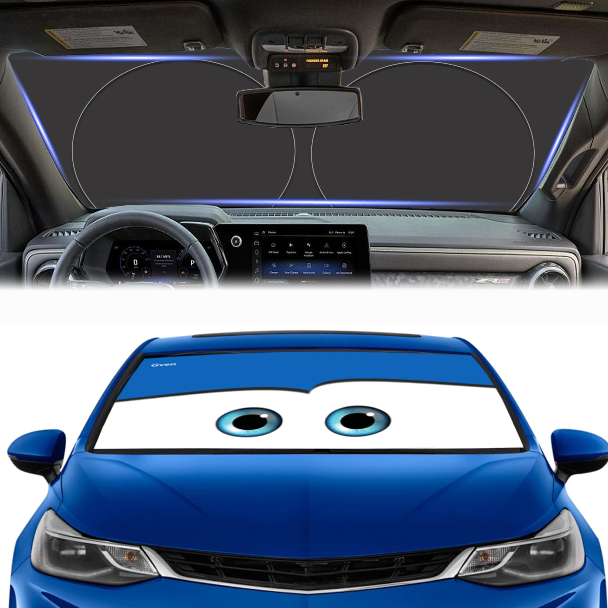 Gven Windshield Shade, Car Sun Shade For Front Windshield Funny Car Eyes Sunshades Sun Visor Protector Blocks Uv Rays Foldable 210T Keep Your Vehicle Cool (Eyes-Blue, Standard)