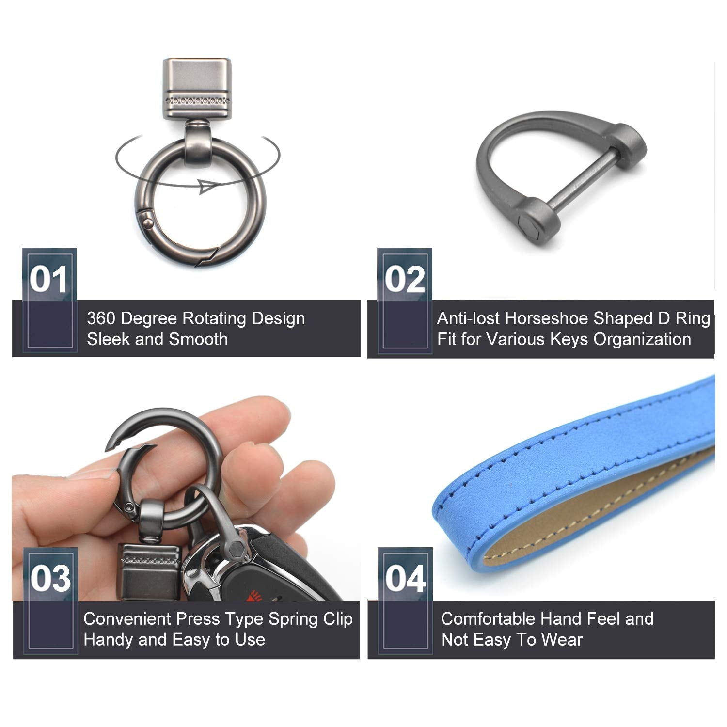Car Fob Key Chain Genuine Leather Keychains Holder For Men And Women, 360 Degree Rotatable, With Anti-Lost D-Ring, Circle Carabiner And Key Rings, Blue
