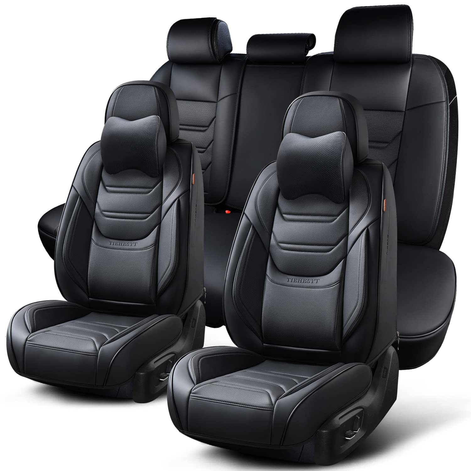 Tiehesyt Black Car Seat Covers Full Set, Breathable Leather Automotive Front And Rear Seat Covers With Headrest, Waterproof Auto
