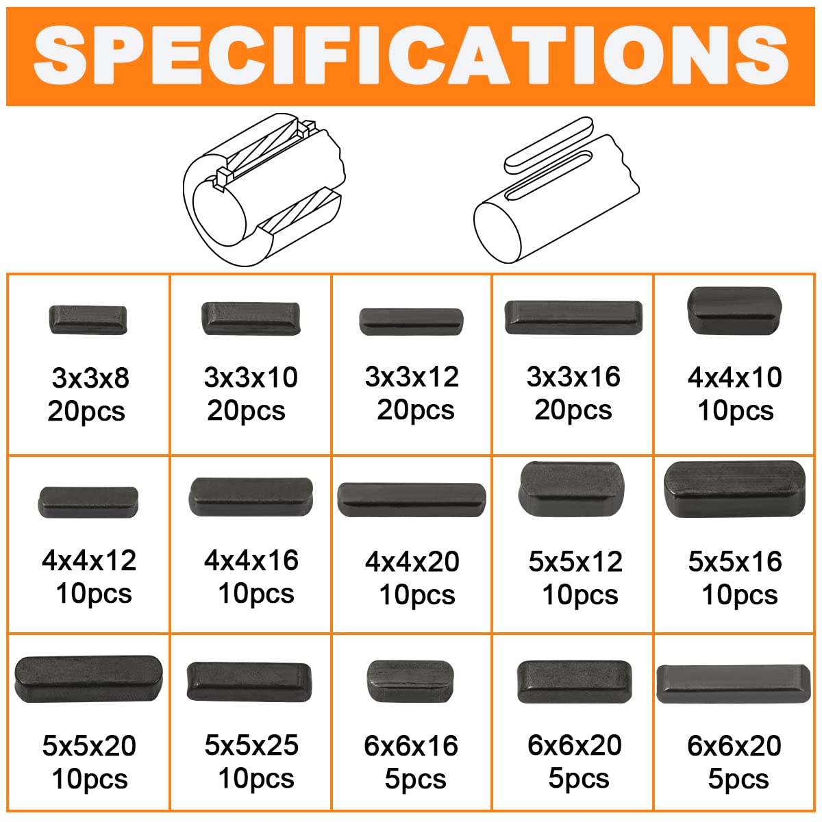 Hasaomoi 175Pcs Woodruff Key Stock Assortment, 8Mm-30Mm Stainless Steel Round Ended Feather Key With 15 Size, Parallel Drive Sha