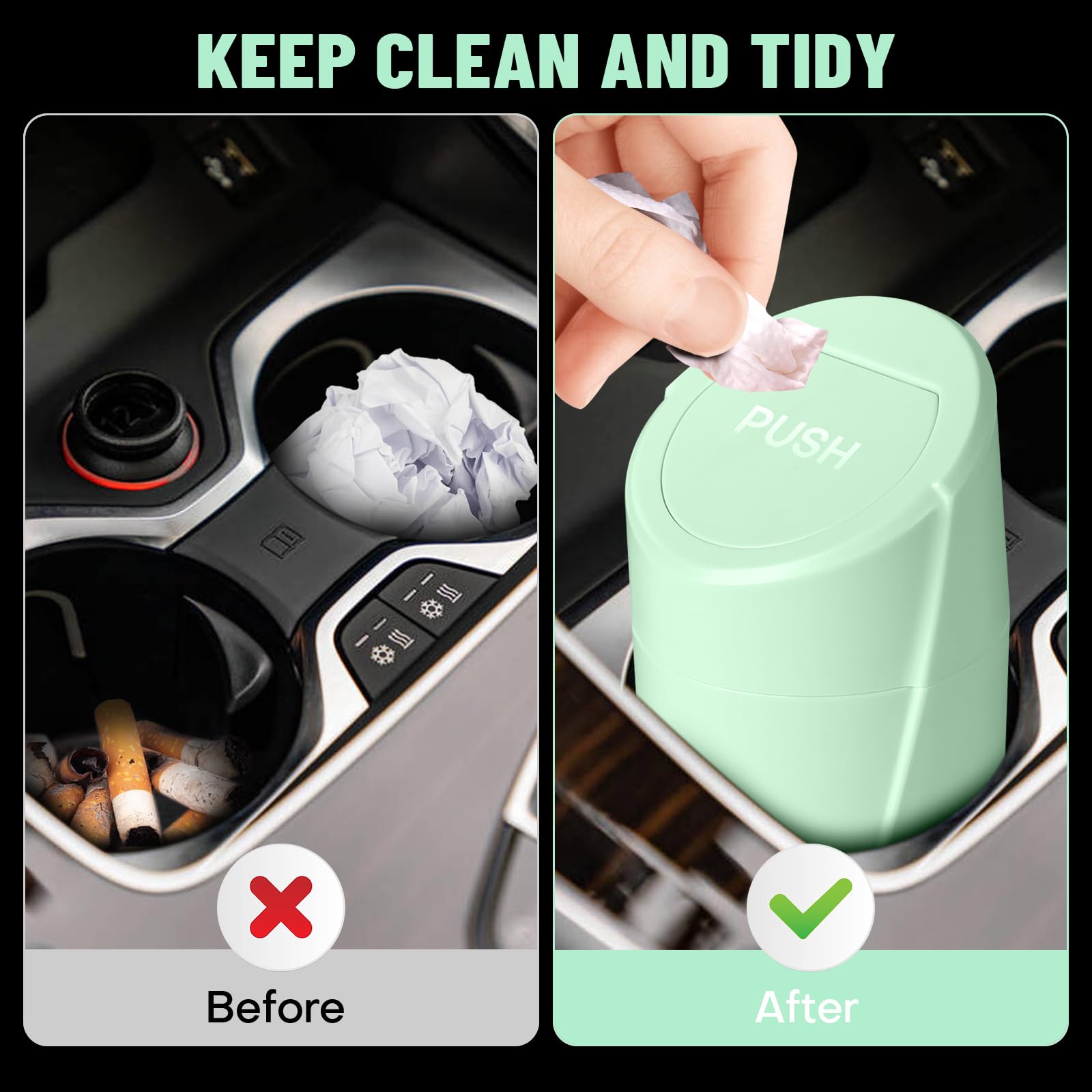 Sglrt Car Trash Can Bin With Lid - Car Garbage Can Cup Holder - Green Mini Leakproof Vehicle Trash Garbage Can Bin With 20Pcs Tr