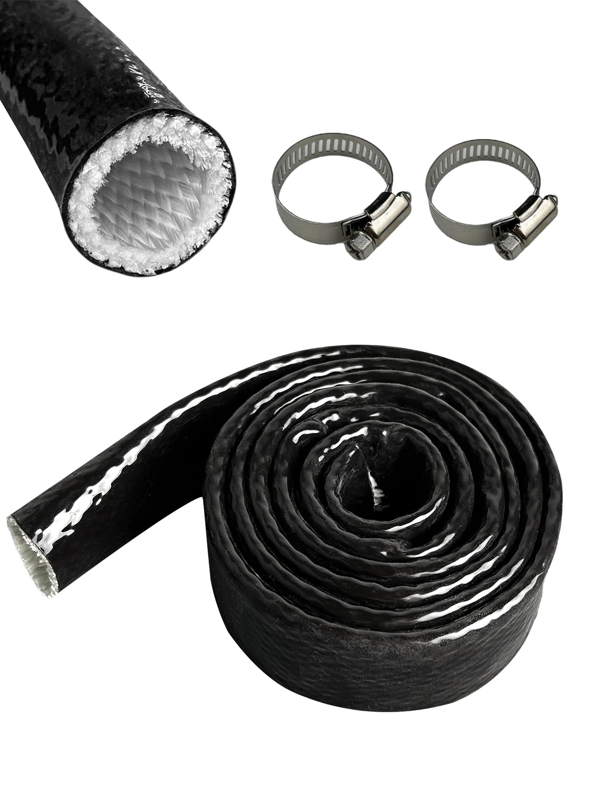 Yamakato 3/4 '' Id Heat Shielded Fire Thermo Armor Fire Sleeve Silicone Coated Fiberglass Heat Protection W/ 2 Clamps For Automo