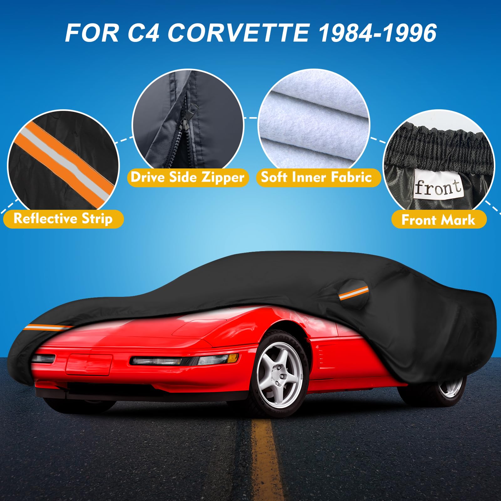 QUNSUNUS Waterproof Car Cover for C4 Corvette 1984-1996, Outdoor Car Covers with Zipper, All Weather Full Exterior Cover with St
