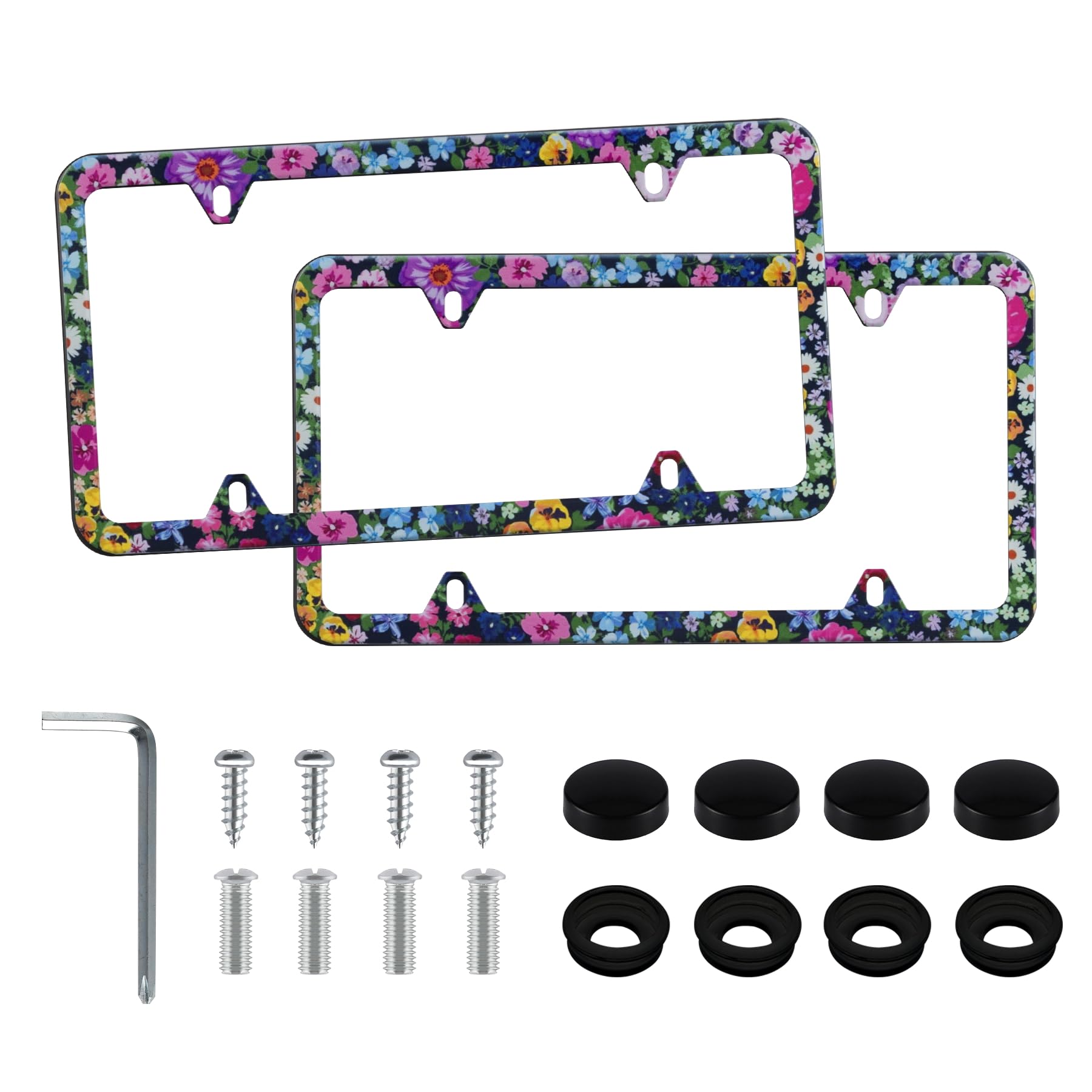 Livtee Flower Floral License Plate Frames, 4 Holes Stainless Steel License Plate Covers, 2Pcs Car License Plate Holder, Automoti