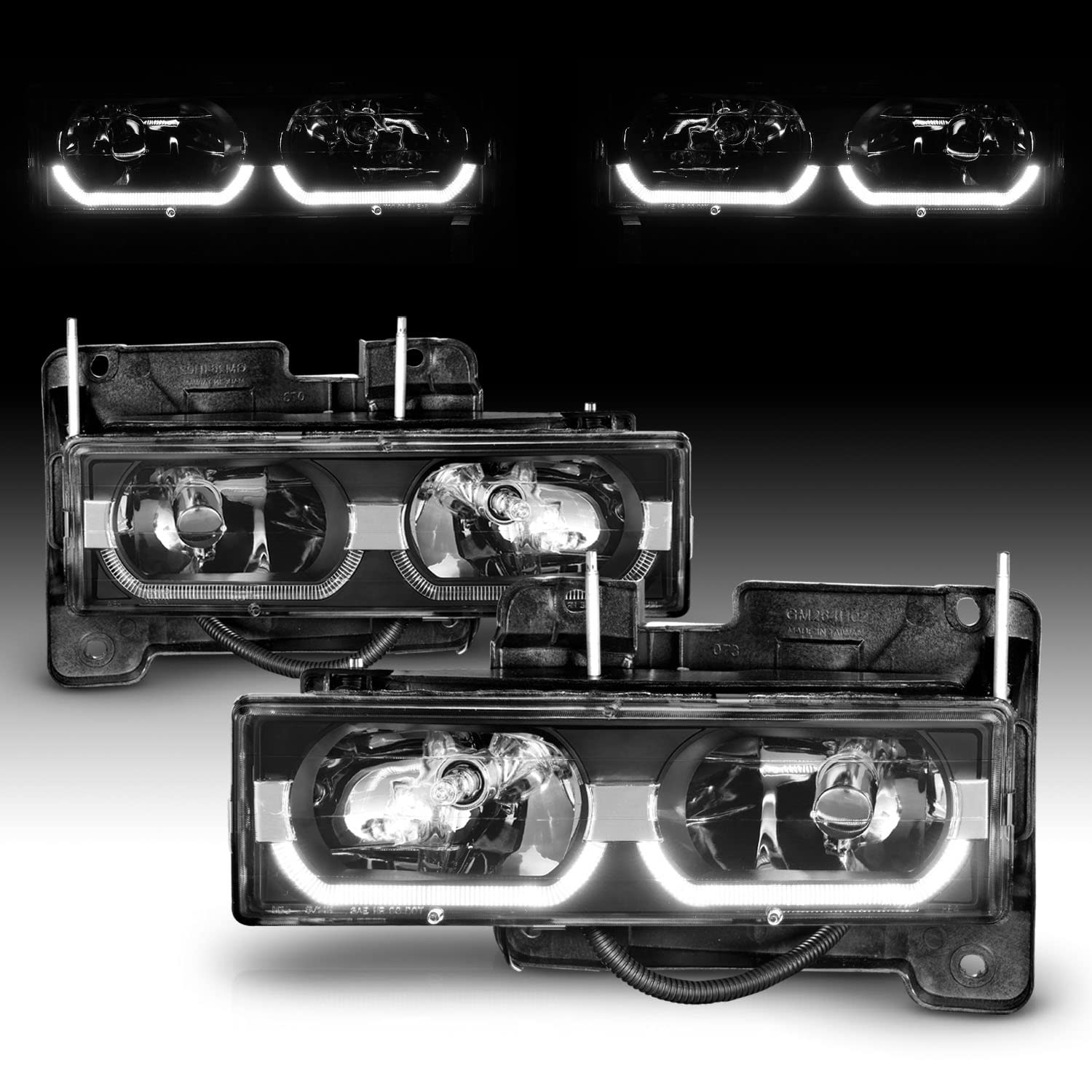 Amerilite Replacement Halogen Headlights Led Halo Bar For Chevy/Gmc Fullsize Truck;Suv - Passenger And Driver Side, Vehicle Light Assembly, Black