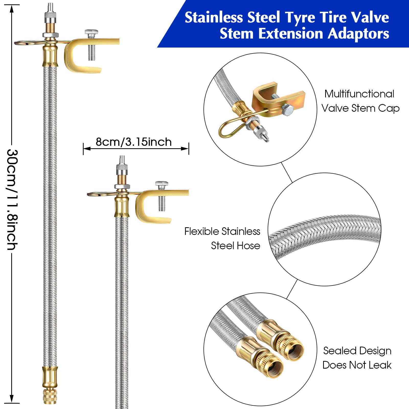 Hotop 4 Pieces Valve Stem Extension Stainless Steel Braided Extenders, 6 Pieces 45 90 135 Degree Brass Extenders For Cars Trucks