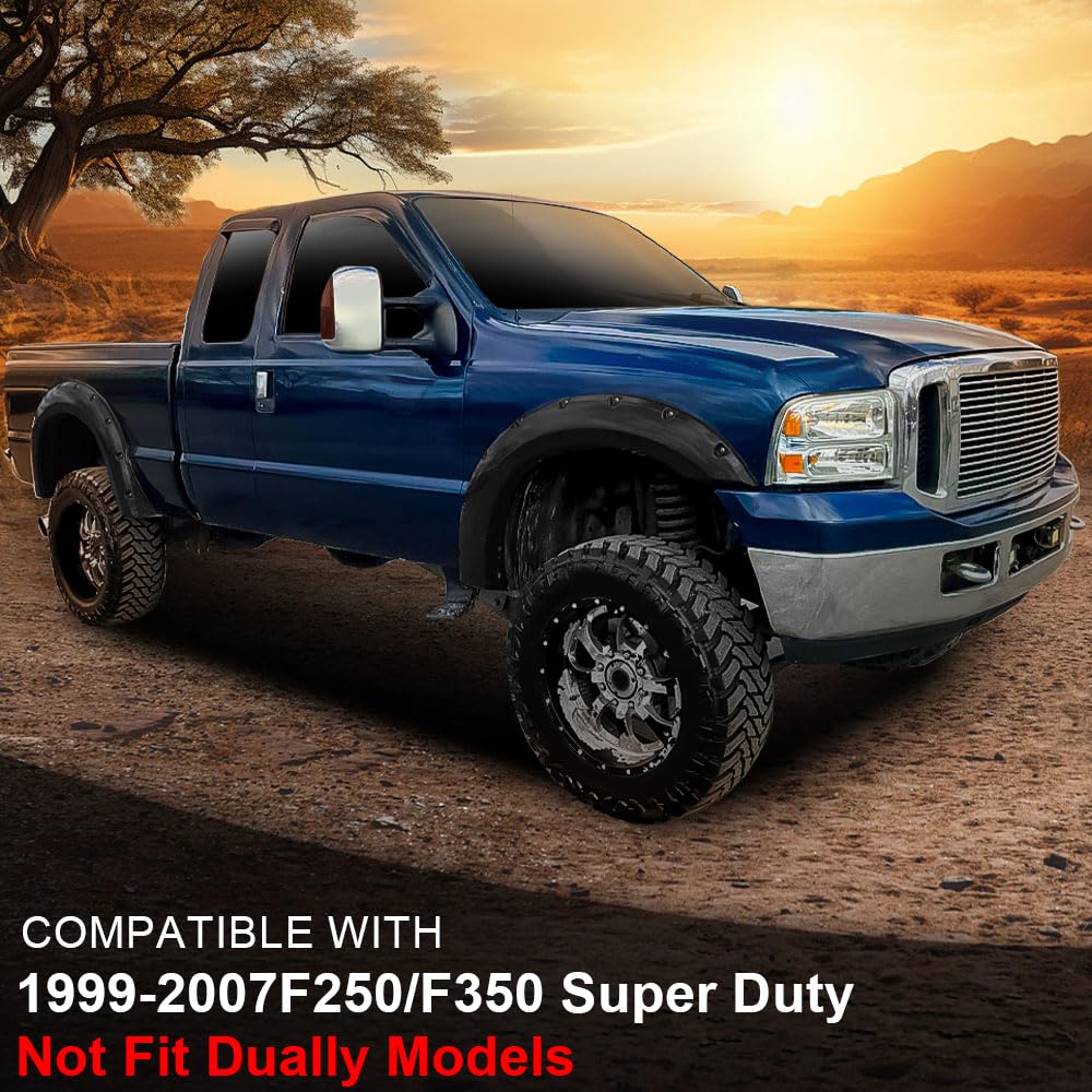 G-PLUS Fender Flares for 1999-2007 Ford F250 F350 Super Duty, Black Smooth Pocket Rivet Style, 4pcs (Non-Dually Models)
