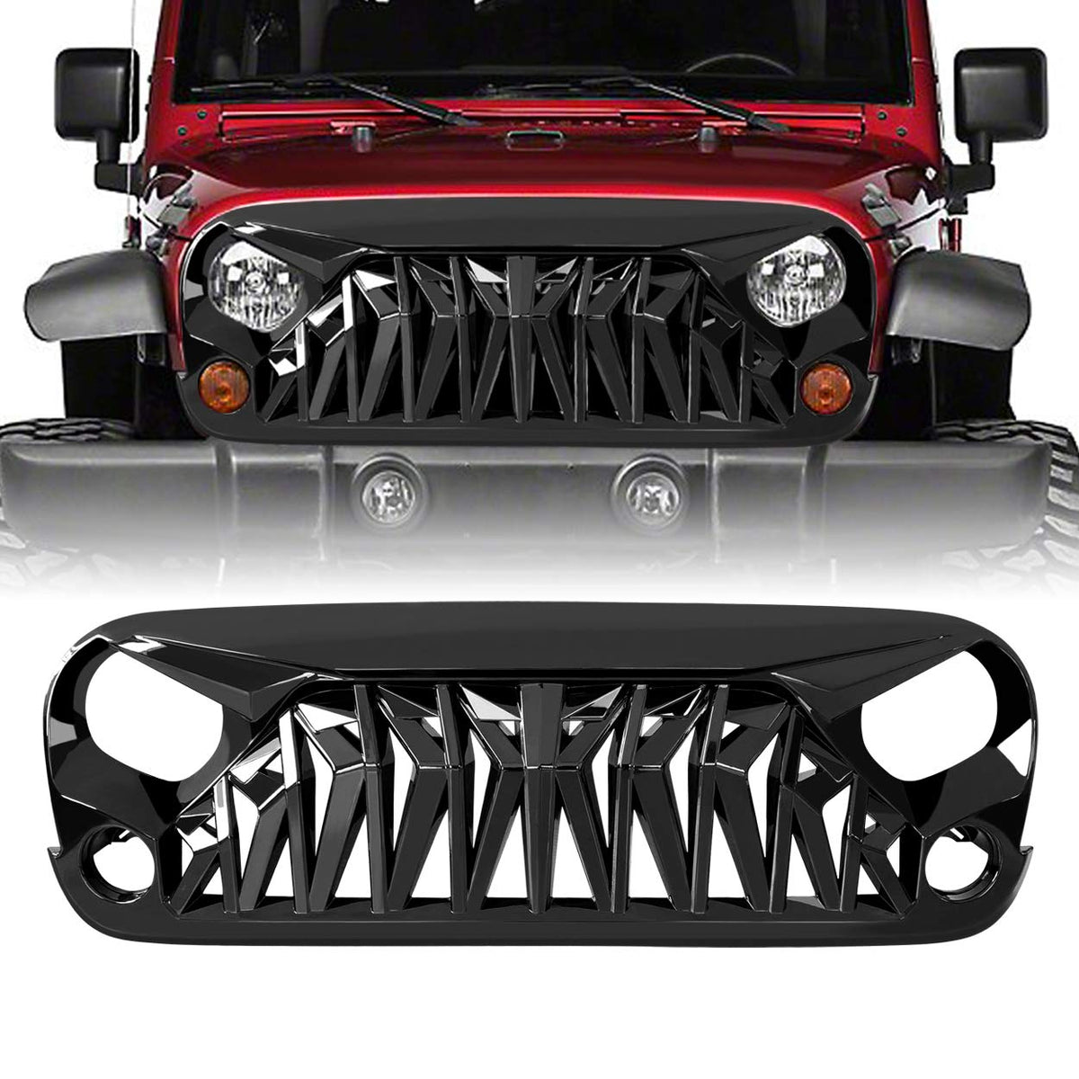 Allinoneparts Jk Glossy Black Shark Grille Front Grille For 2007-2018 Jeep Wrangler Rubicon Sahara Sport,Abs