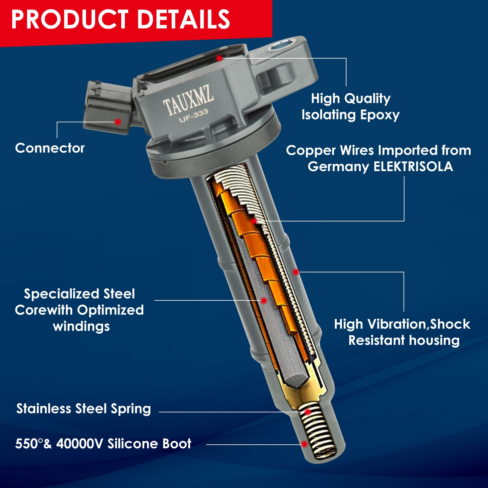 TAUXMZ Ignition Coil UF333 and Spark Plug 7092 Replacement for Toyota Camry Corolla Highlander RAV4, for Lexus HS250h, for Ponti