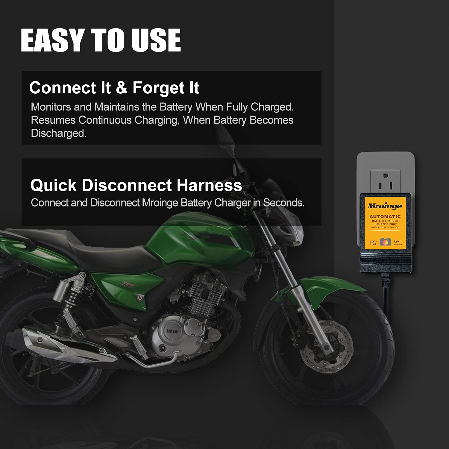 Mroinge Trickle Battery Charger 12V 1000Ma Smart Automatic Battery Charger & Maintainer And Float Charger For Motorcycle, Atv, L