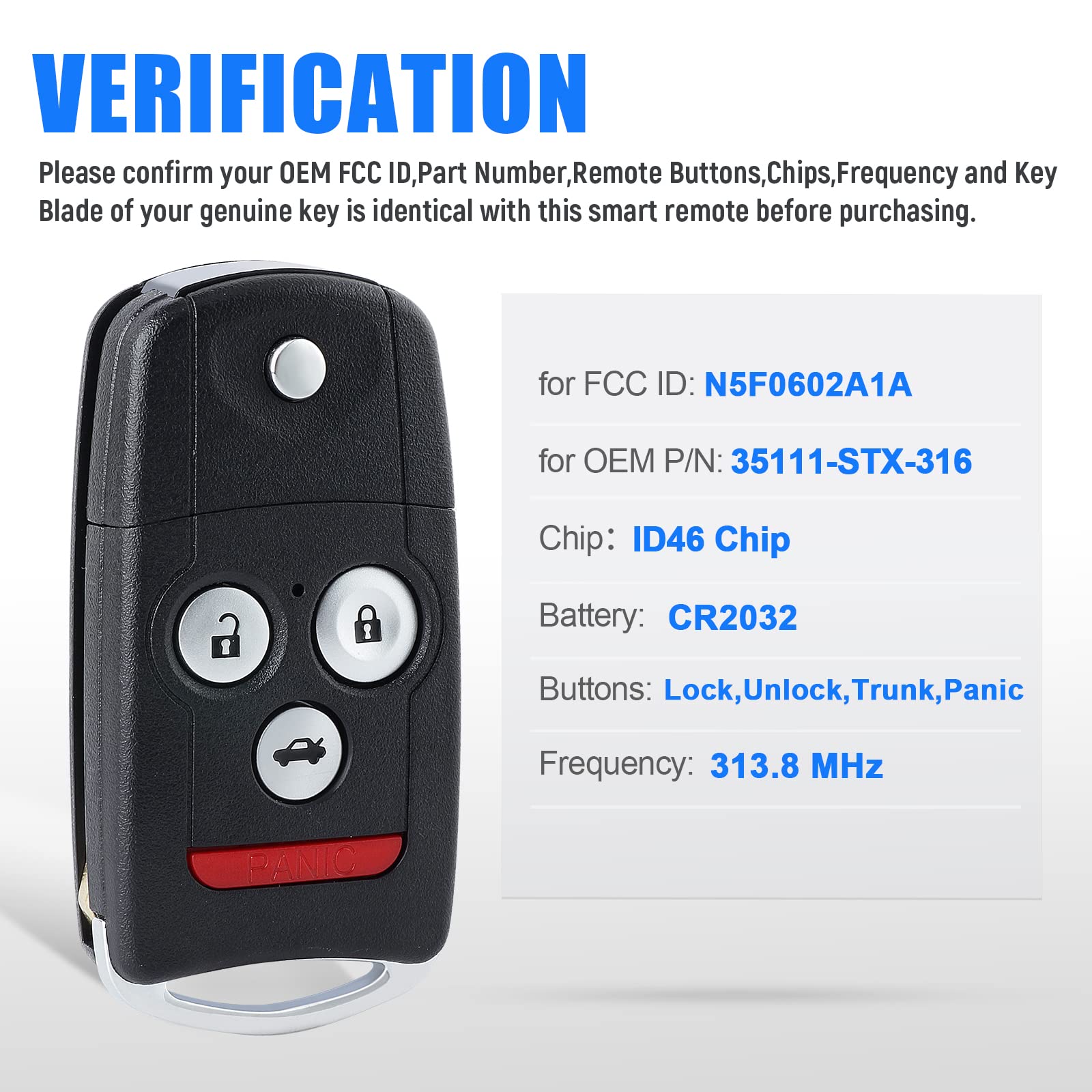 Keymall Car Key Fob Keyless Entry Remote Replacement For Acura Mdx/Rdx 2007 2008 2009 2010 2011 2012 2013 Fcc Id:N5F0602A1A P/N: