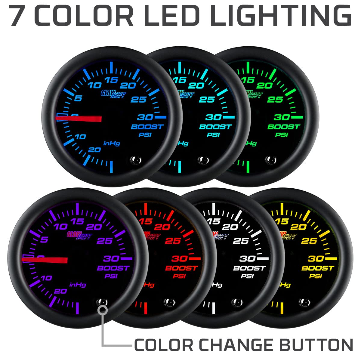 Glowshift Tinted 7 Color 30 Psi Turbo Boost/Vacuum Gauge Kit - Includes Mechanical Hose & T-Fitting - Black Dial - Smoked Lens -