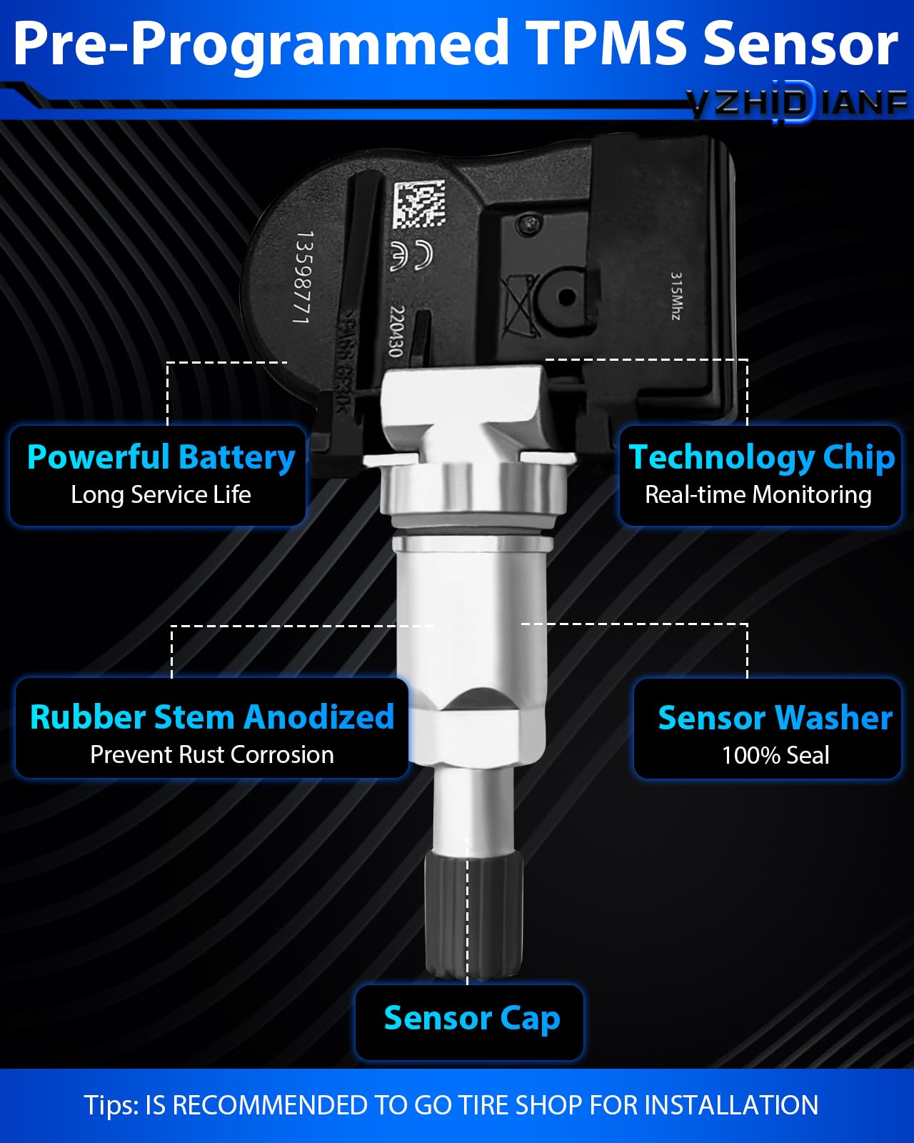 Yzhidianf 13598771 Pre-Programed Tire Pressure Sensor Impala 2006-2020 Fit For:-Chevy Tahoe Silverado Suburban For:-Buick For:-G