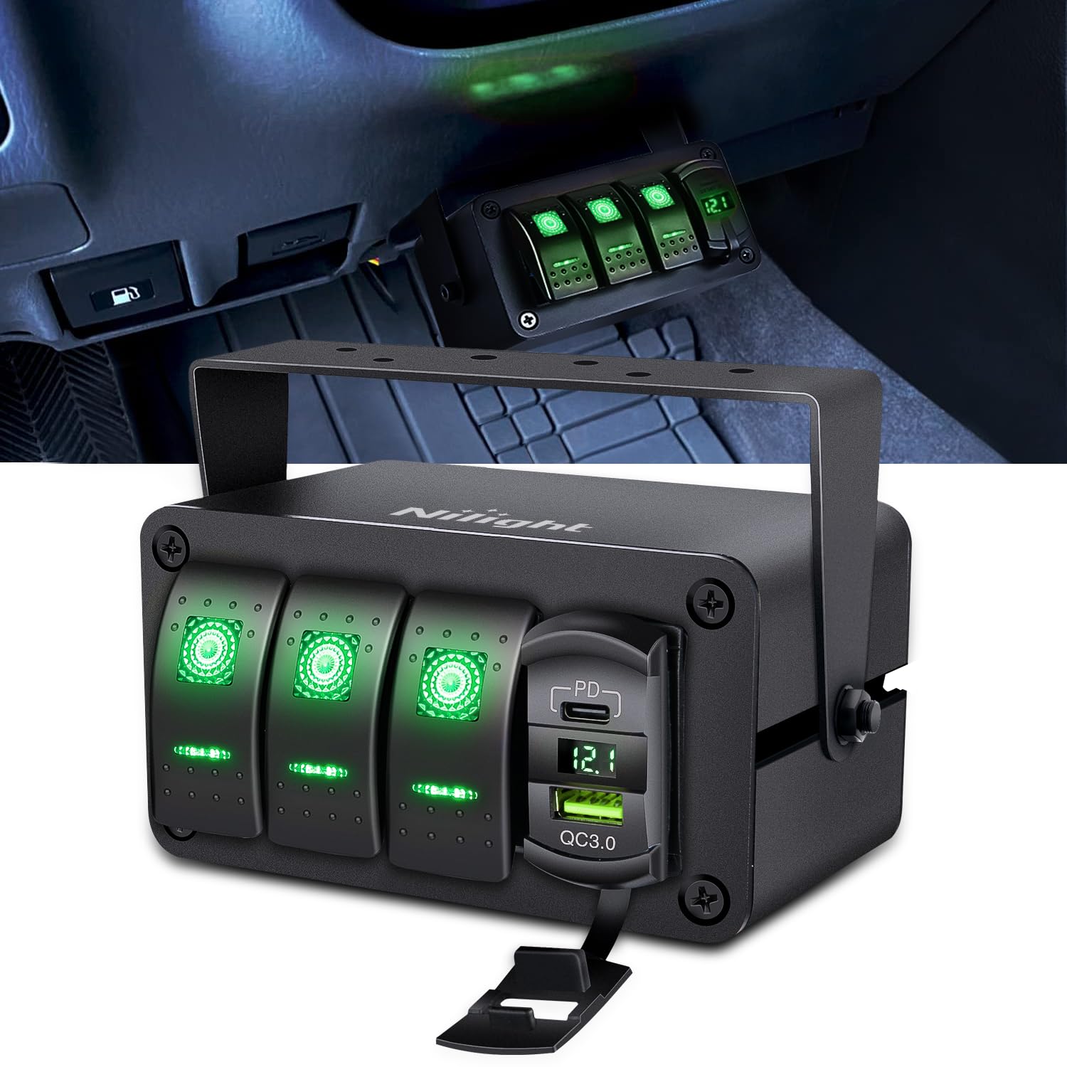 Nilight 3 Gang Rocker Switch Box 12V Spst On Off Toggle Switches Pd Type C And Qc Usb Charger Voltmeter Led Light Waterproof Alu