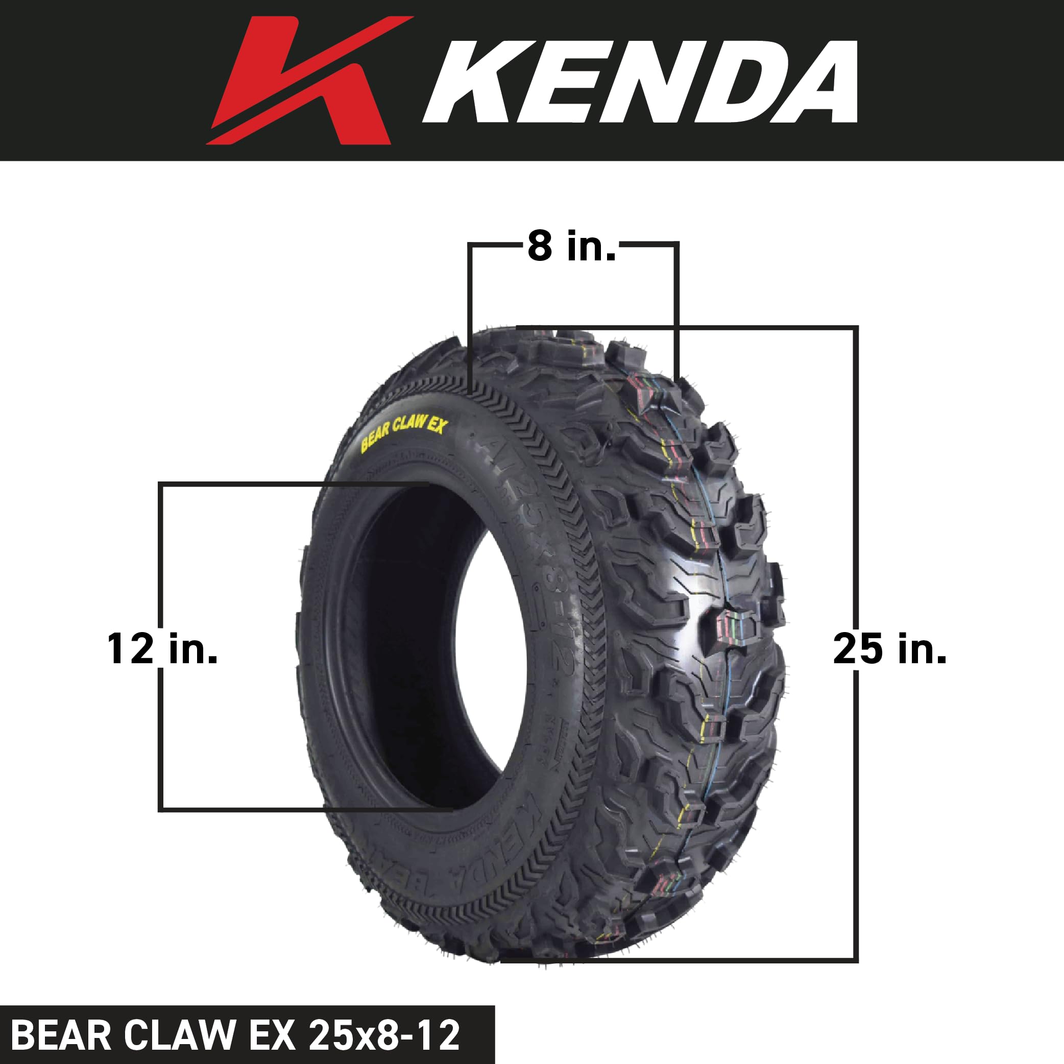 Kenda Bearclaw Ex K573-25X8-12 Front Tire For All Terrain (Atv), Utv, And Side By Side (Sxs) Vehicles - 6-Ply - Bear Claw Ex 25X