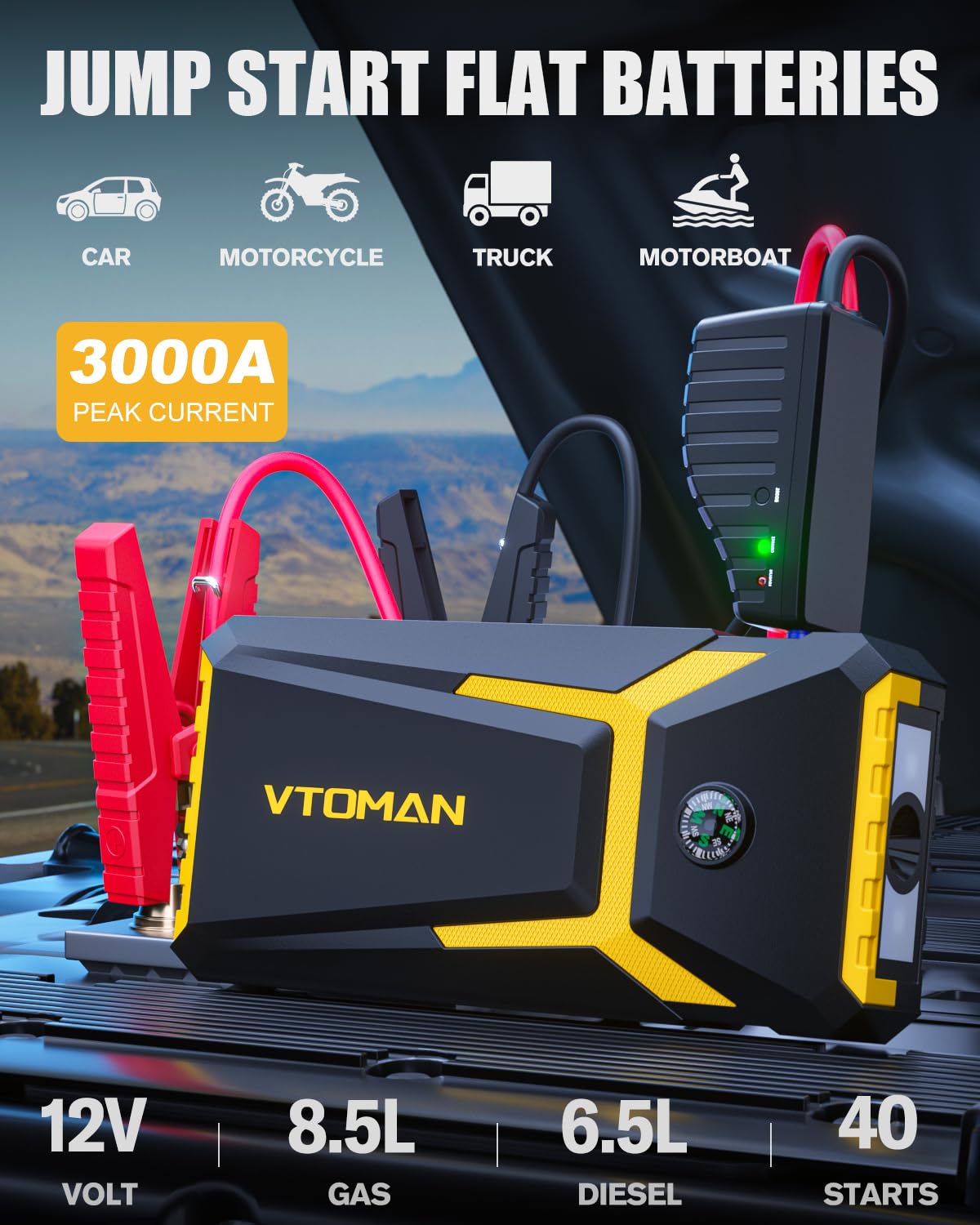 Vtoman V8 Jump Starter, 2000A Peak For Up 8L Gas And 6L Diesel Engines, Car Battery Charger Portable Jump Box With Jumper Cables