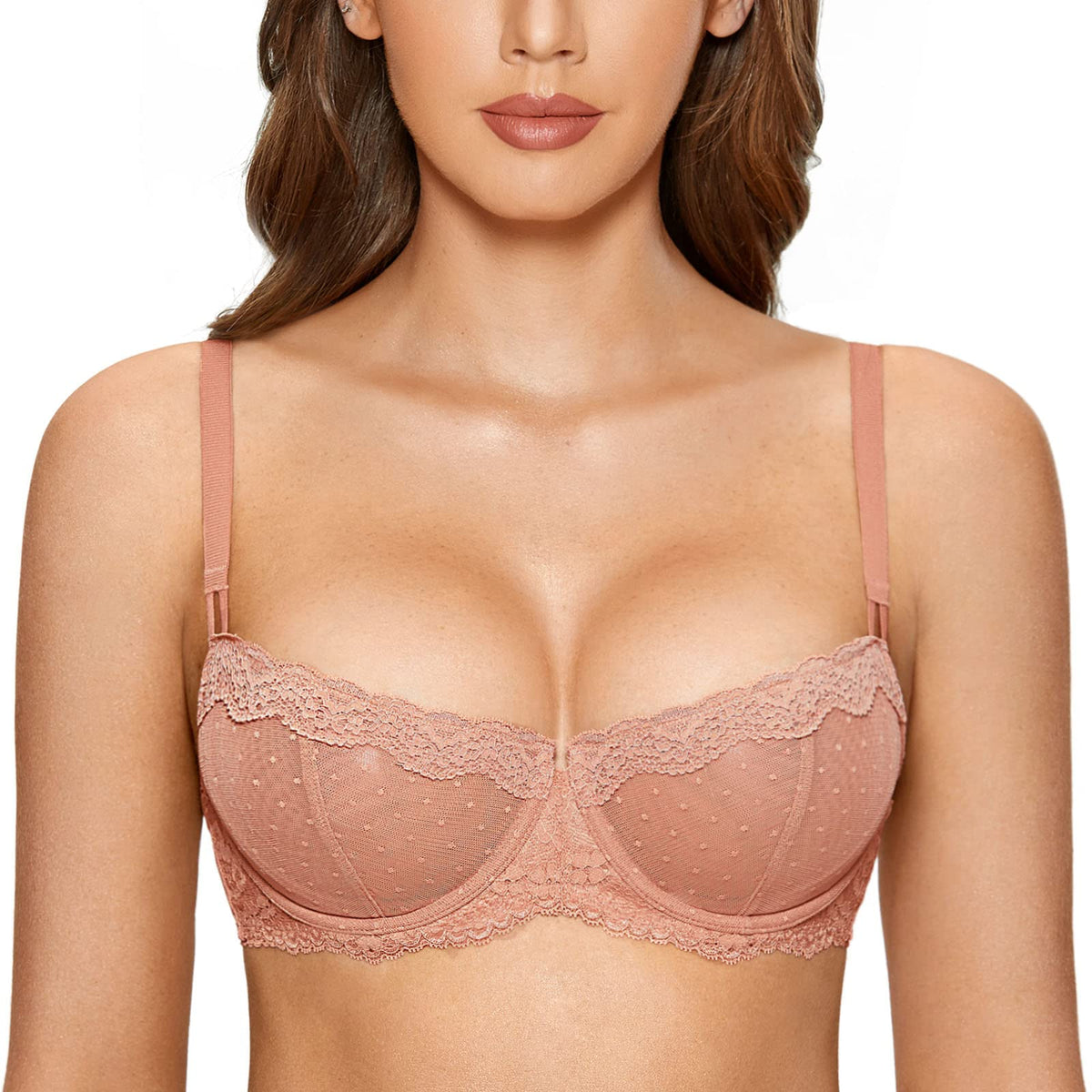 Dobreva Womens Sexy Lace Bra Underwire Balconette Unlined Demi Sheer Plus Size Cream Coffee 42E
