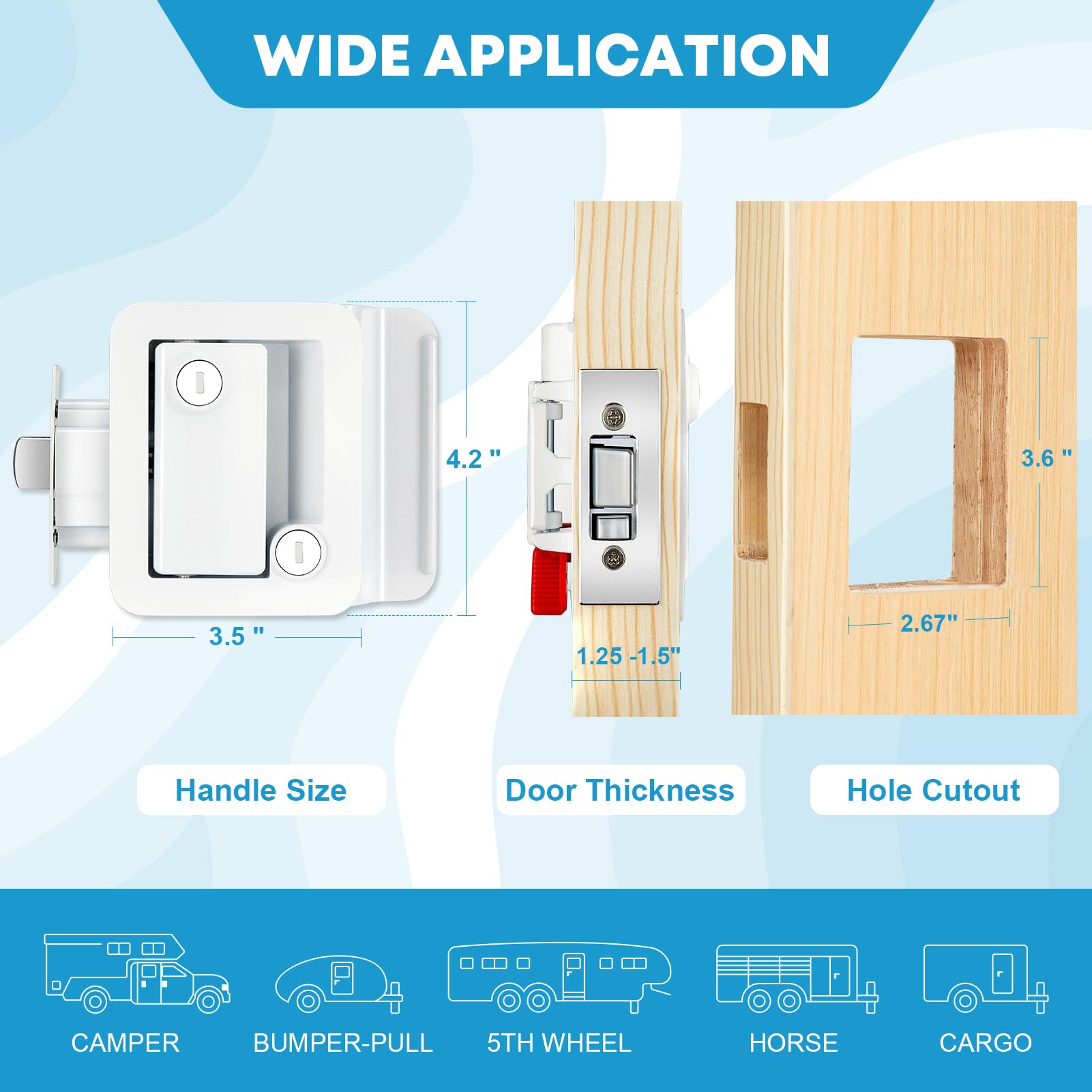Kohree RV Door Lock Replacement - Metal Paddle Deadbolt, White 1 Pack, Camper Handle Latch with Keys for Travel Trailers and Cargo Haulers