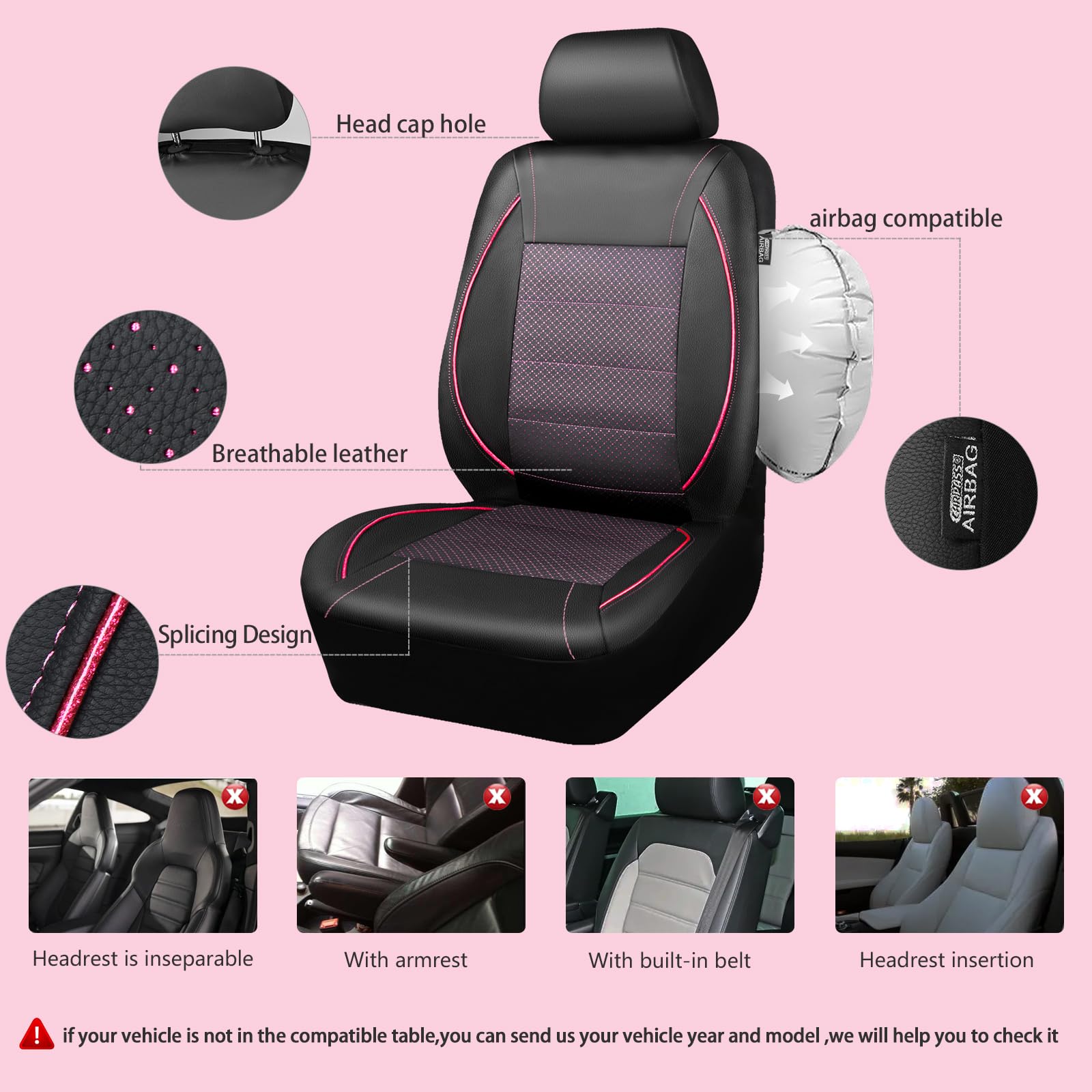 Car Pass Piping Pu Leather Car Seat Cover Full Set,Inside Zipper Design And Reserved Opening Holes,Airbag Compatible,Universal F