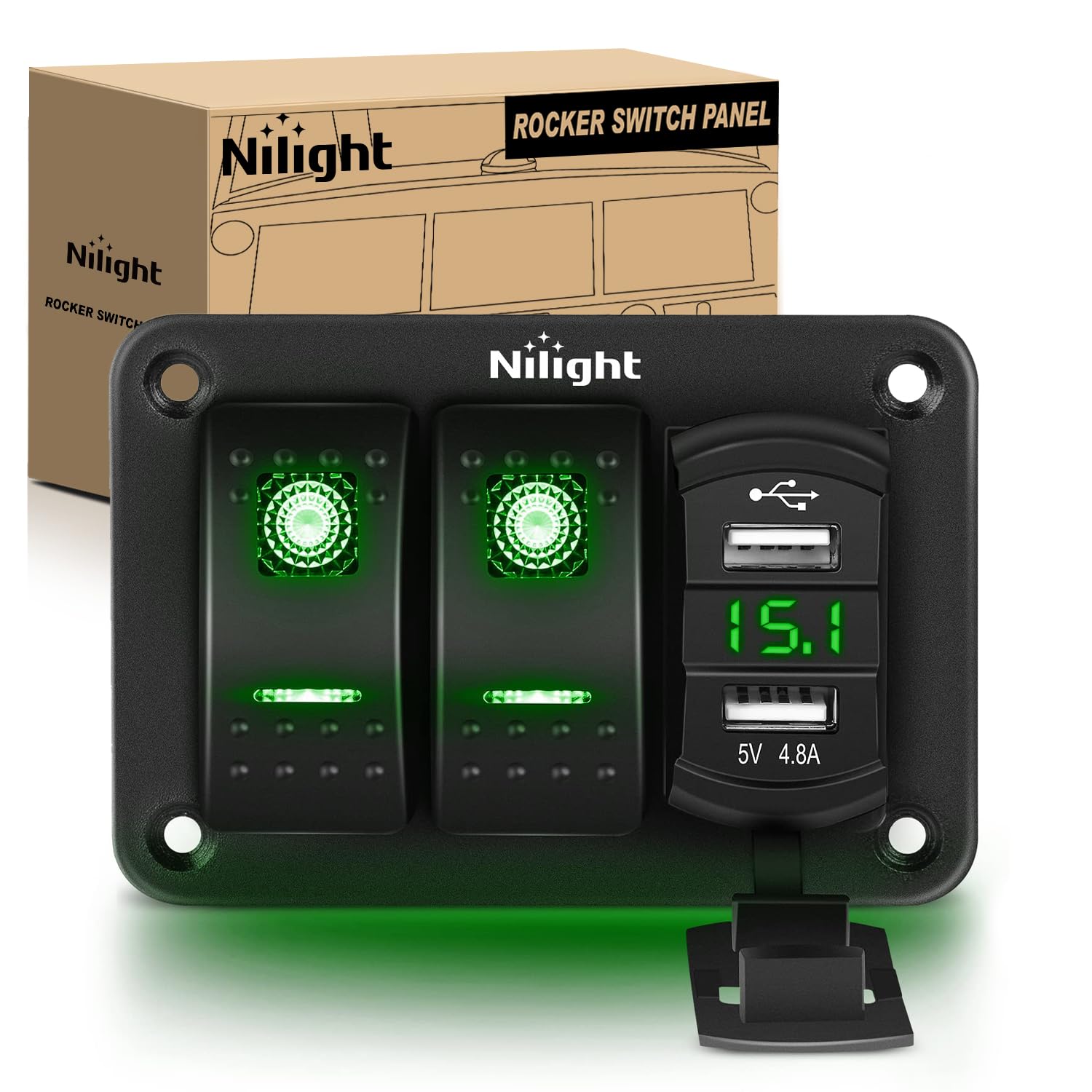 Nilight 2 Gang Rocker Switch Panel Green Backlit With 4.8 Amp Dual Usb Charger Voltmeter Waterproof 12V 24V Dc Night Glow Sticke