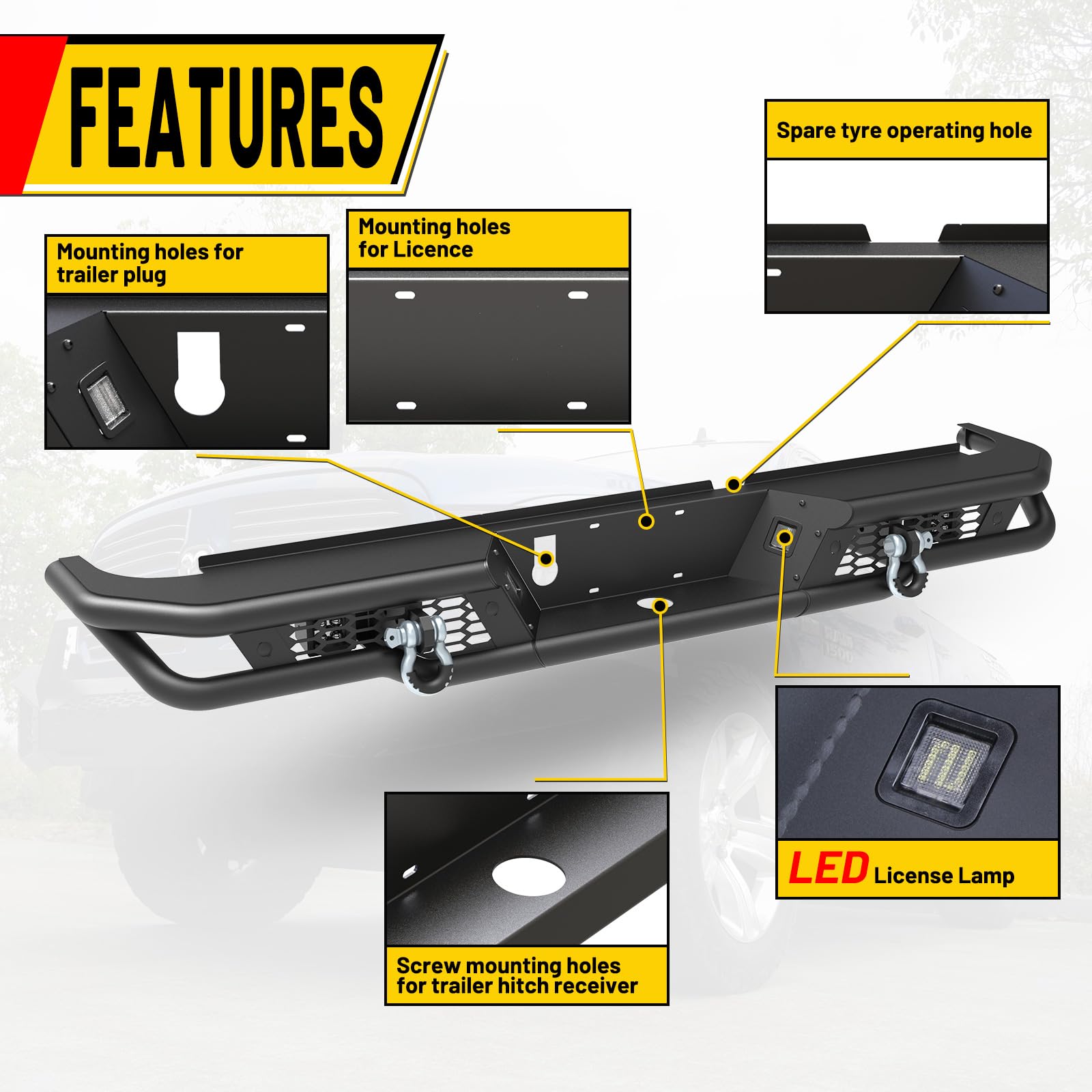 Autofree Rear Bumper For 2009-2018 Dodge Ram 1500 Pickup Truck / 2019-2023 Ram 1500 Classic Bumper, Offroad Paintable Back Bumper With Led Pod Light With Licence Lamp/D-Ring Shackles