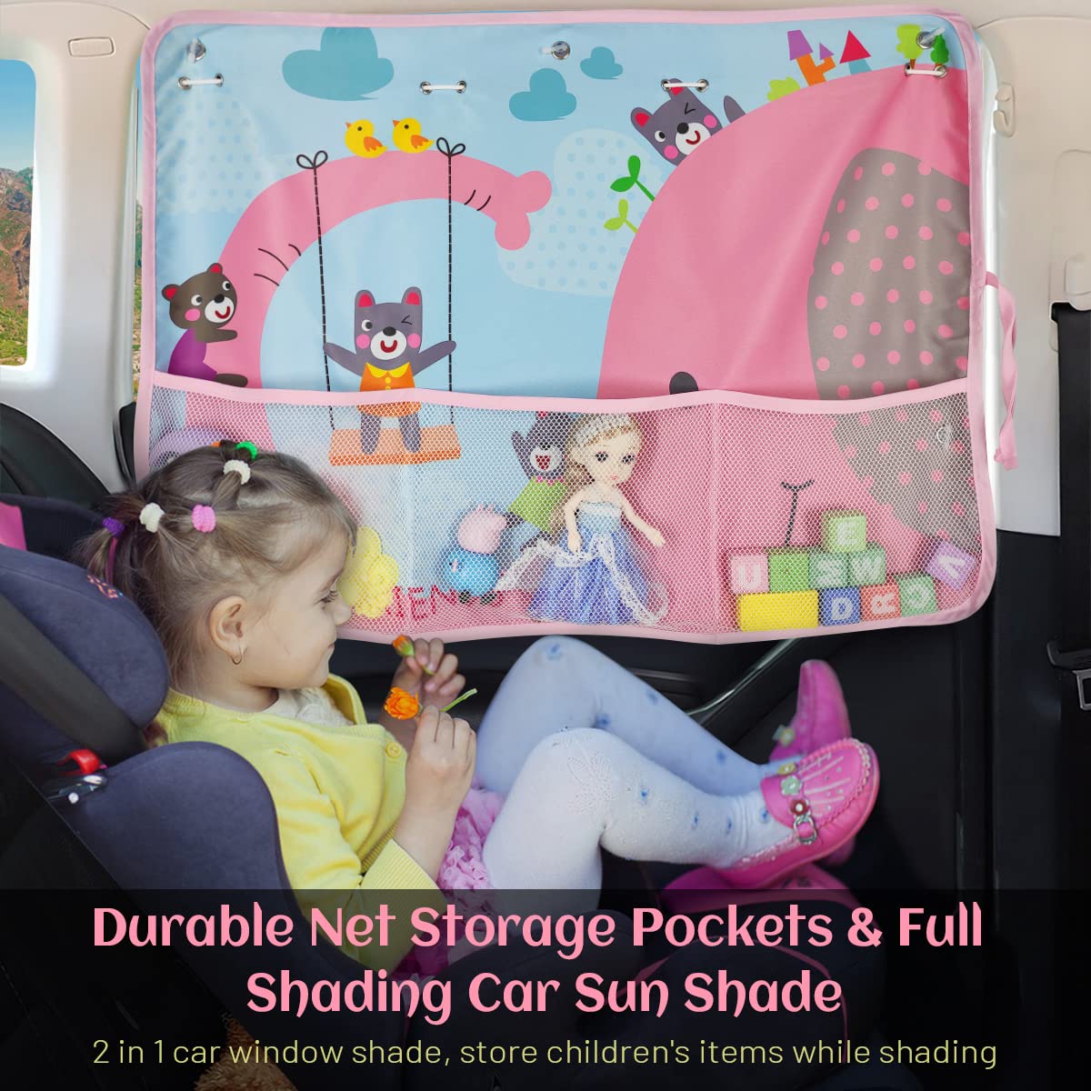 Diza100 Car Sun Shade For Window Baby, 2 Pack Full Shade Window Shades With Storage Net Pocket, 7 Suction Cups, Cute Elephant Fo