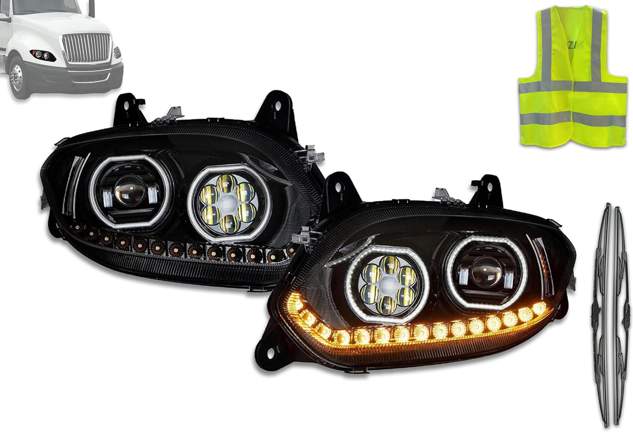 Kozak Black Led Projector Headlights With Turn Signal Position And Running Light 12V Driver And Passenger (Right And Left Side) For International Lt Lt625 2018-2021 Plus Logo, 2X 22 Wipers, Vest