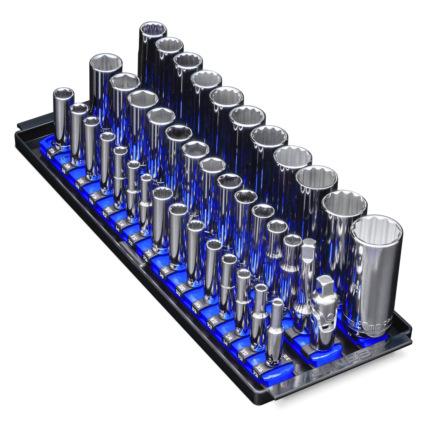 Ernst Manufacturing 8491 Socket Boss Multi-Drive Socket Organizer Tray with 13” Socket Rails, Blue – Drive Socket Storage Tray for Automotive Service Technician’s Toolbox - Made in USA