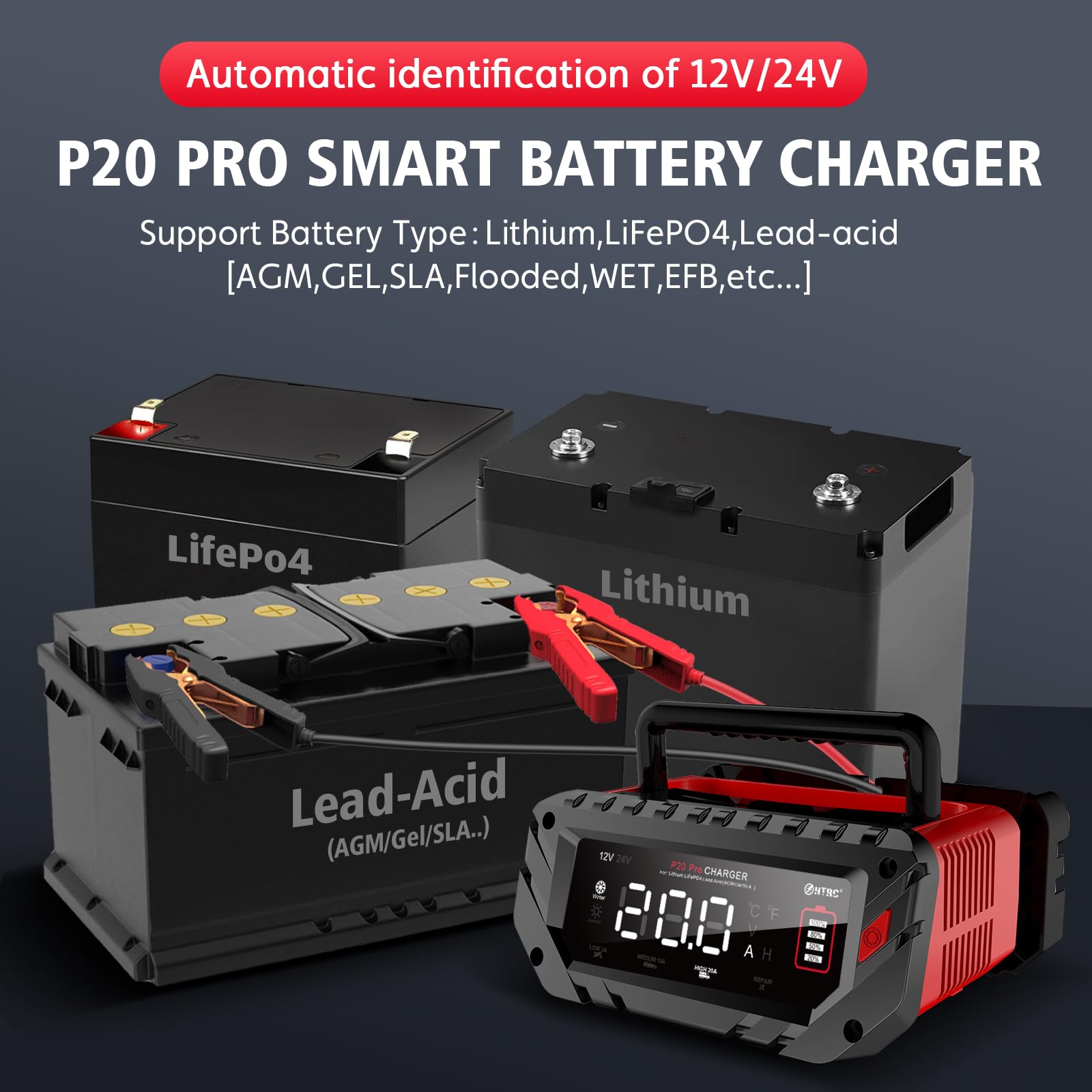 Lithium Lifepo4 Battery Charger,12V 24V Agm Deep Cycle Fully Automatic Car Battery Charger,12 Volt 24 Volt 20 Amp Batetry Charge
