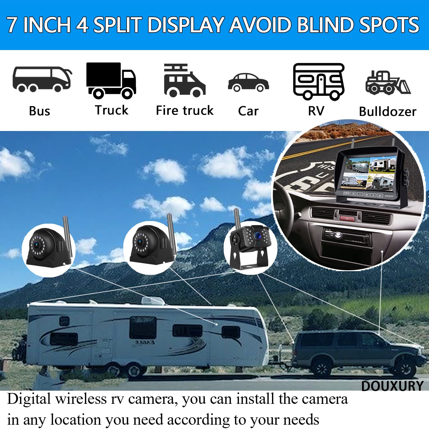 Wireless Backup Camera For Rv Truck Trailer Camper Bus 5Th Wheel 3 Rear/Side View Cameras 1080P 4-Split 7'' Screen With Adapter