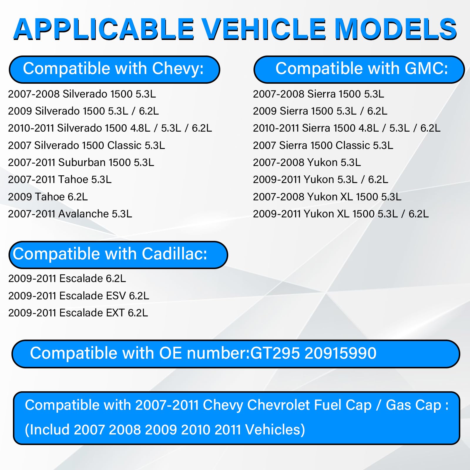 E85 Gas Cap Replasement for Chevrolet Silverado 1500, Suburban 1500 Tahoe Avalanche, 2009-2011 Cadillac Escalade ESV/EXT & 2007-
