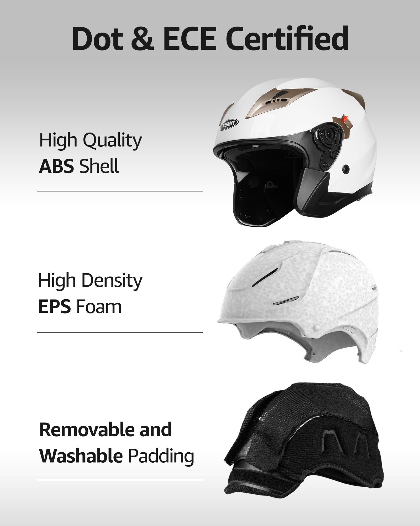 Yema Open Face Motorcycle Helmets, Dot Approved 3/4 Moped Helmet Dual Visor Quick Release Buckle, Helmets For Adults Motorcycle