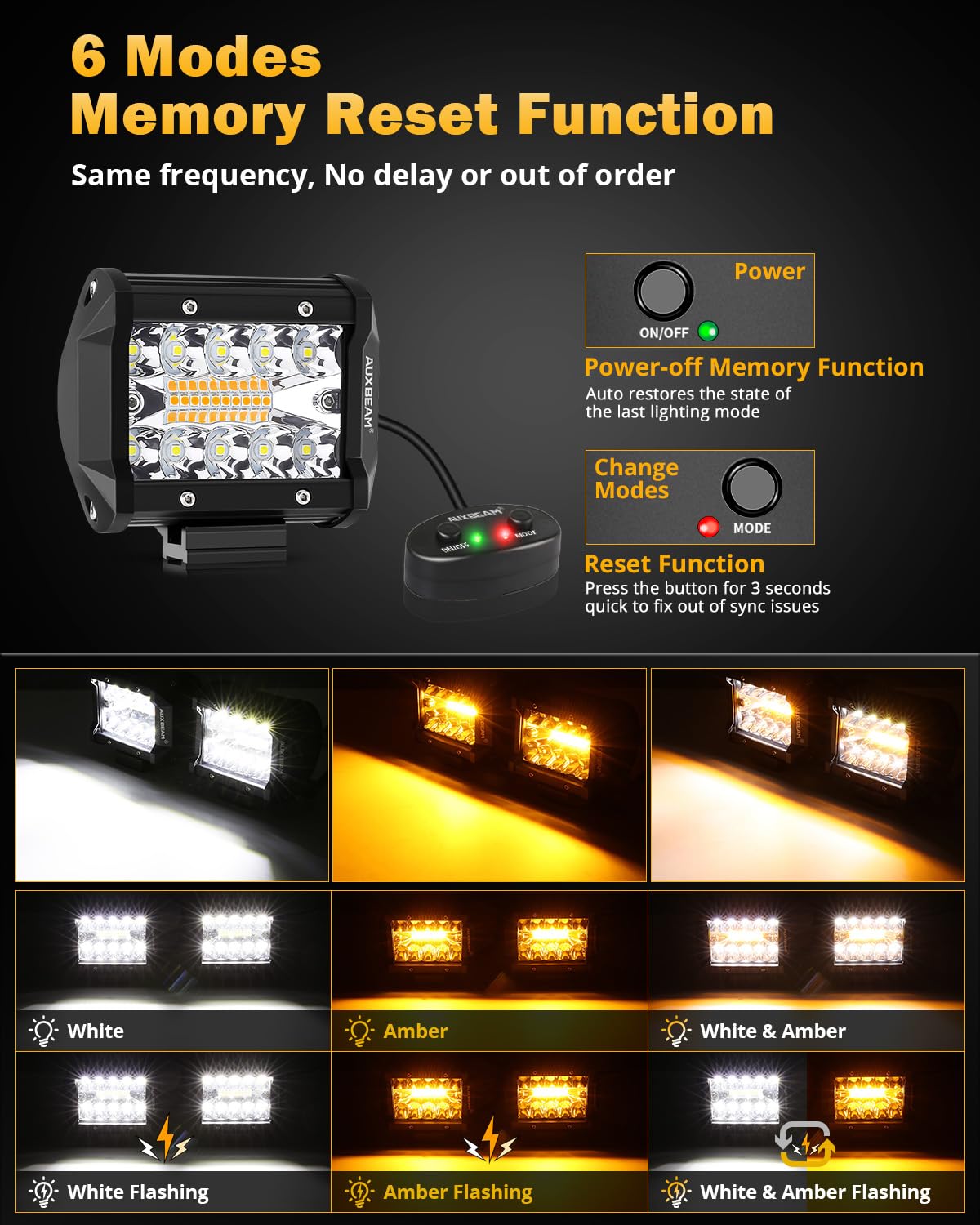Auxbeam 6 Modes Amber White Series 4 Inch 120W Strobe Led Pod Lights Dual Color Auxiliary Offroad Light Bar Spot Flood Combo Fla