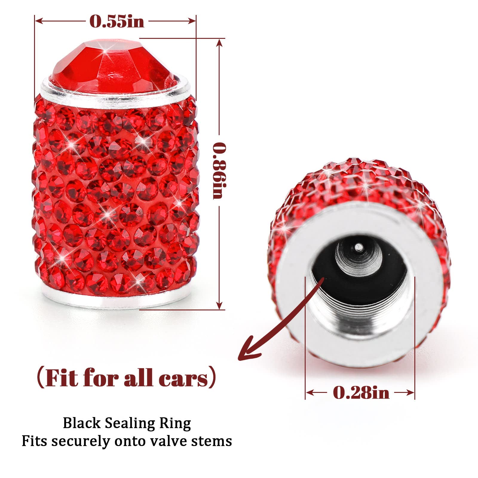 Tobequeen Bling Tire Valve Caps Red, 4 Pack Handmade Crystal Rhinestone Valve Stem Covers Universal Dustproof Bling Car Accessories For Car/Suv/Motorcycle/Bike(Red)