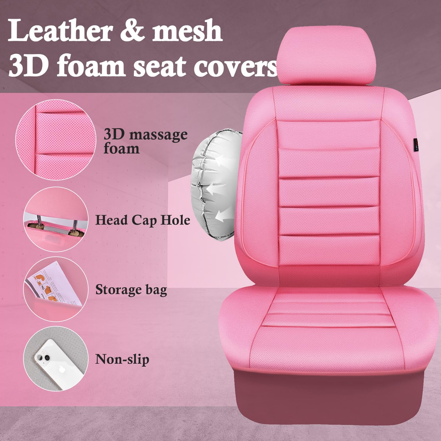 CAR PASS Pink Leather Seat Covers Full Set Universal Water Resistant 3D Foam Back Support, Luxury Comfort Automotive 5 Seat Cove