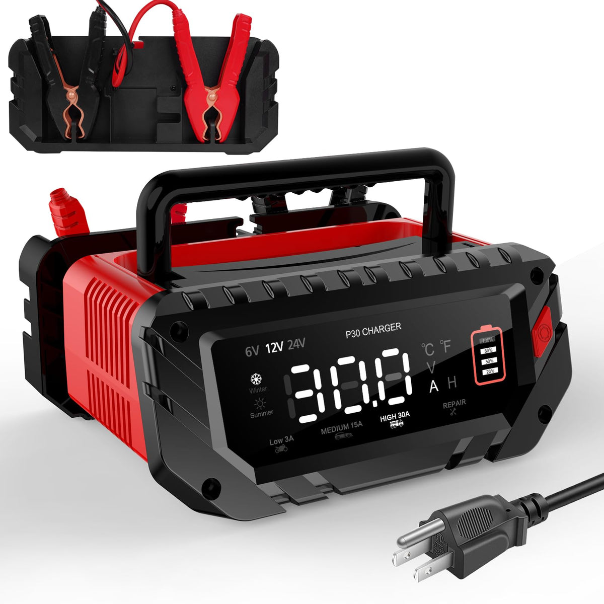 Yhchkj 30 Amp 6V/12V/24V Smart Trickle Charger, Car Battery Charger, Lithium, Lifepo4, Lead Acid (Agm/Gel/Sla) Battery Maintainer, Desulfurizer, For: Car, Boat, Motorcycle, Lawn Mowers