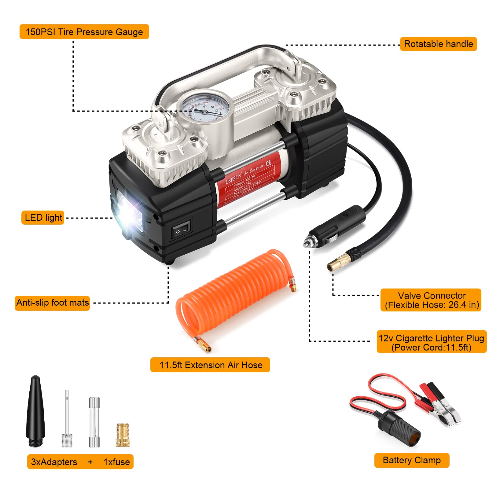 Gspscn Silver Dual Cylinder 12V Air Compressor Pump For Car, Heavy Duty Portable Tire Inflator 150Psi With Led Work Lights For A