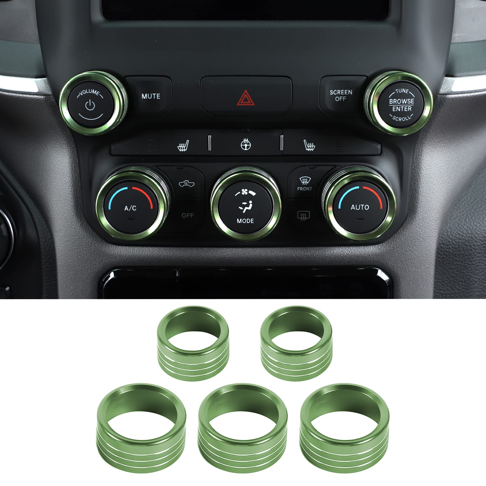 Voodonala for Dodge RAM Aluminum Center Console AC Radio Switch Knob Cover for 2018-2025+ RAM, 5pcs Green
