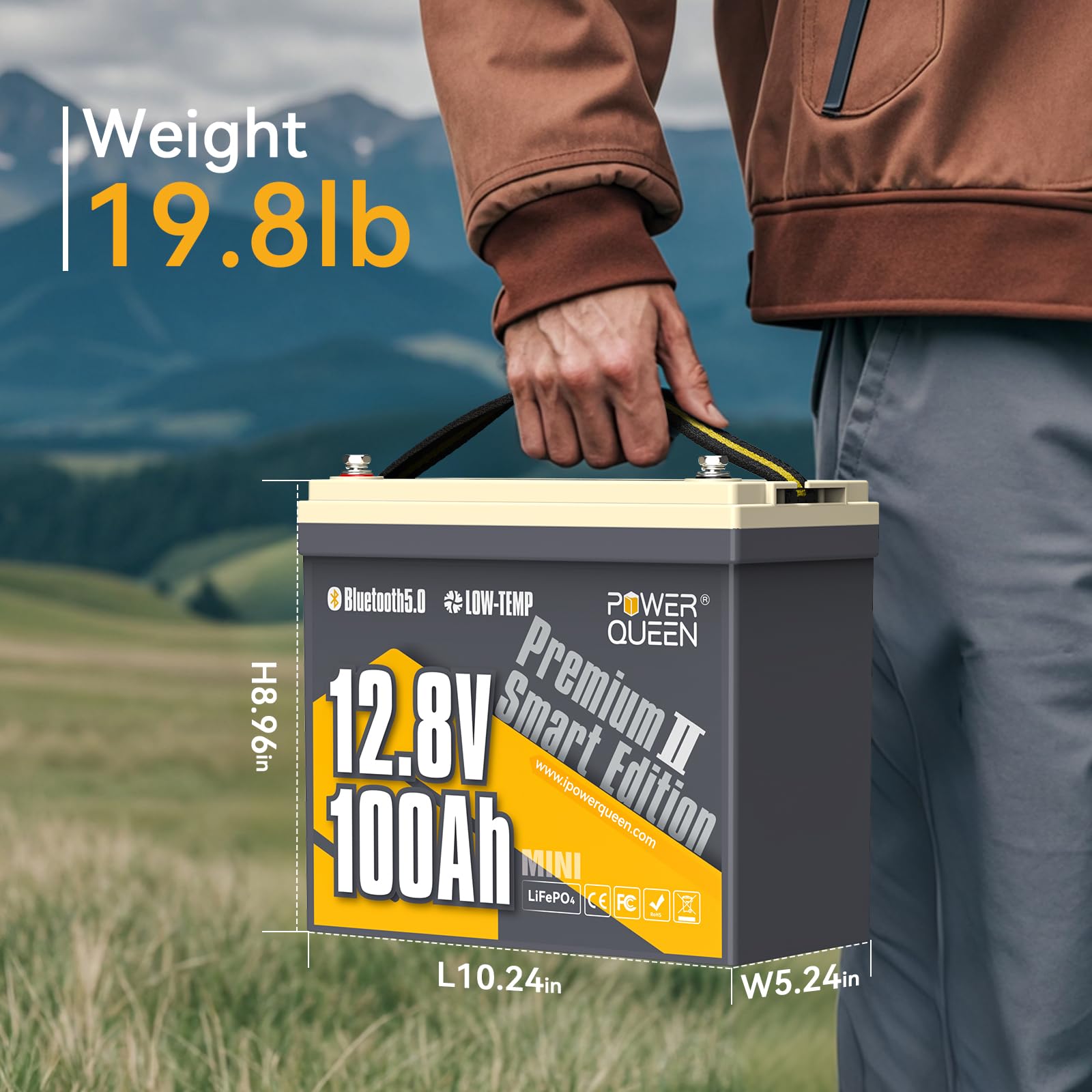 Power Queen 12V 100Ah Mini Lifepo4 Battery With Bluetooth, Low Temp Cut-Off, 12V Lithium Battery 100A Smart Bms, Support Monitor