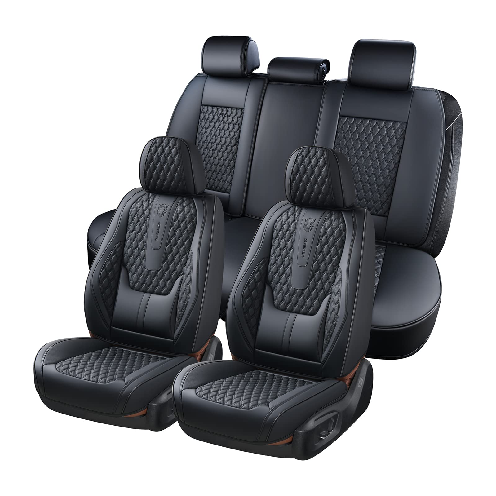 Coverado Car Seat Covers Full Set, Black Seat Covers for Car with Lumbar Support, Nappa Leather Seat Covers Waterproof Car Seat 