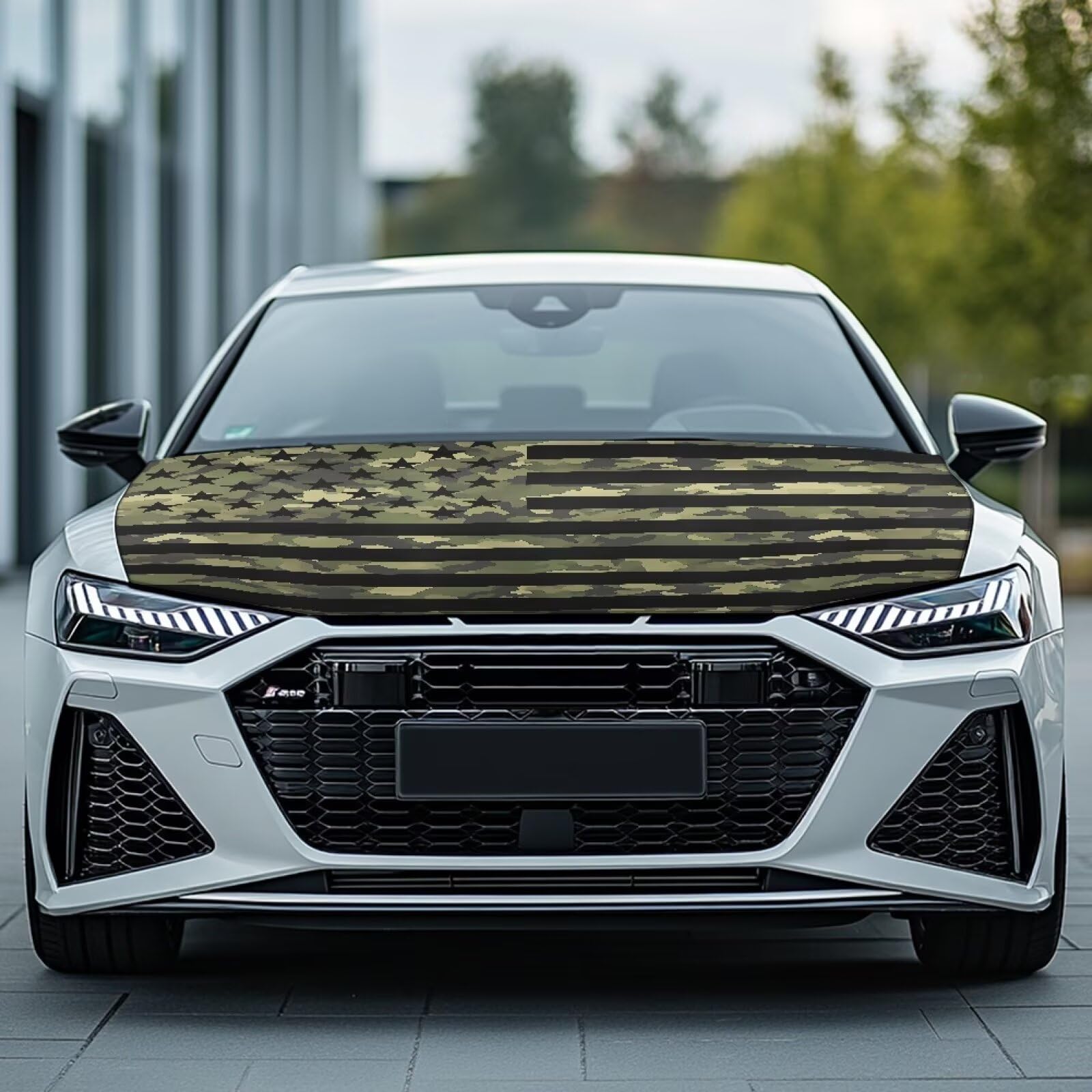 Qiyupavto Car Hood Cover, Green Camouflage American Flag Car Hood Protector Auto Hood Flag Waterproof Universal Auto Decorative