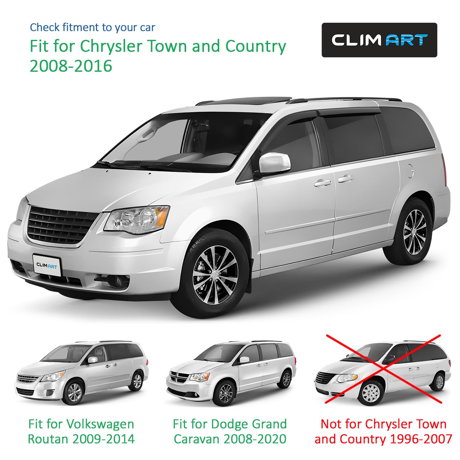 Clim Art Incredibly Durable Rain Guards For Chrysler Town And Country 2008-2016,Original Tape-On Window Deflectors,Vent Deflecto