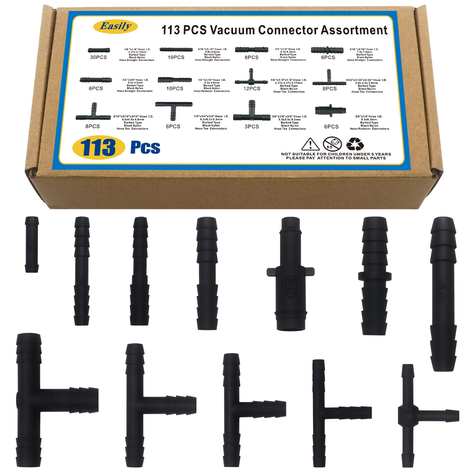Vacuum Connector Assortment 113 Pcs Heat Resistance 240?(460?)Automotive Vacuum Tubing Connector Vacuum Tee Connector Assortment