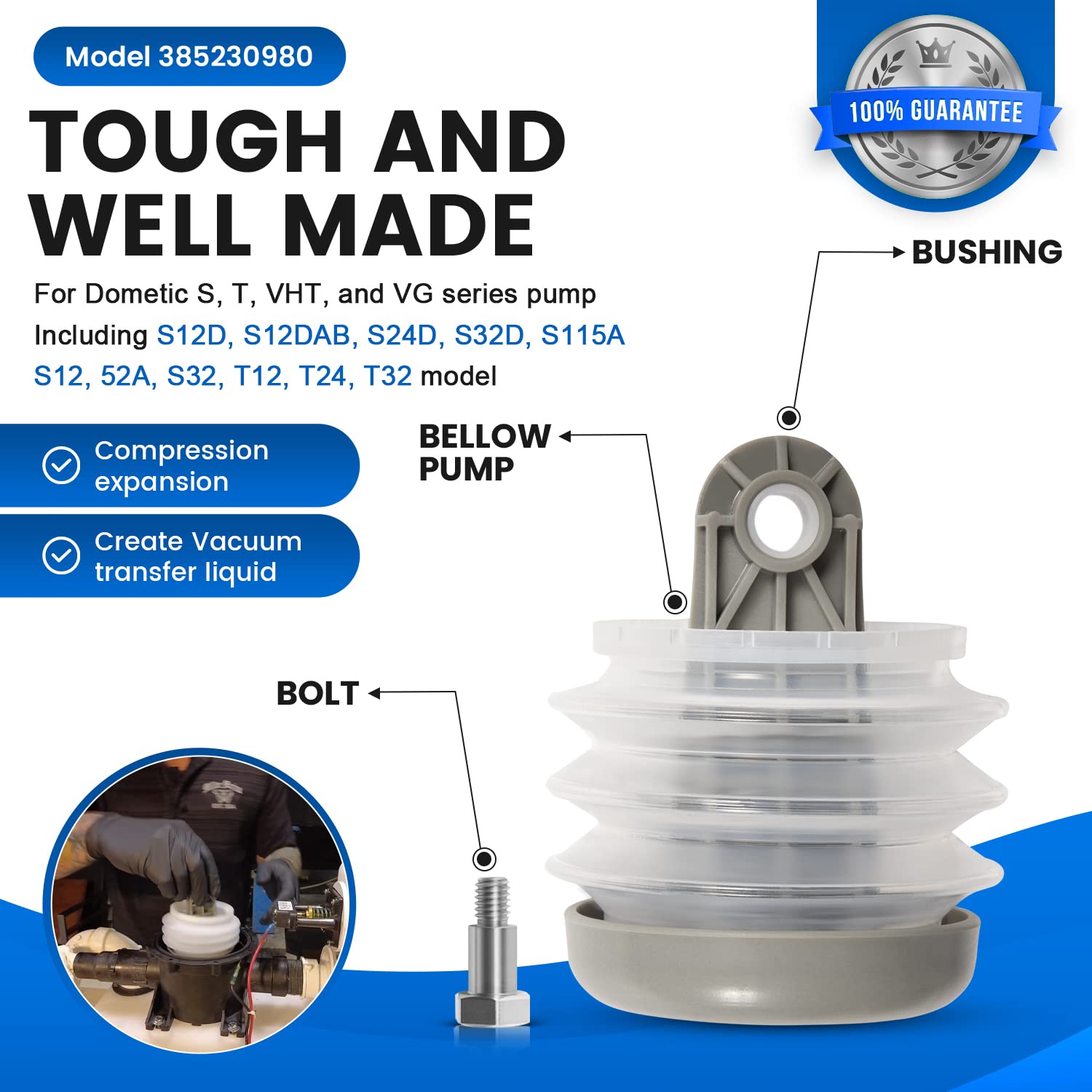 For Dometic 385230980 Pump Bellow Kit & 385310076 1-1/2'' Duckbill Valve Kit & 385310151 O-Ring Kit Replace For Dometic S, T, J,