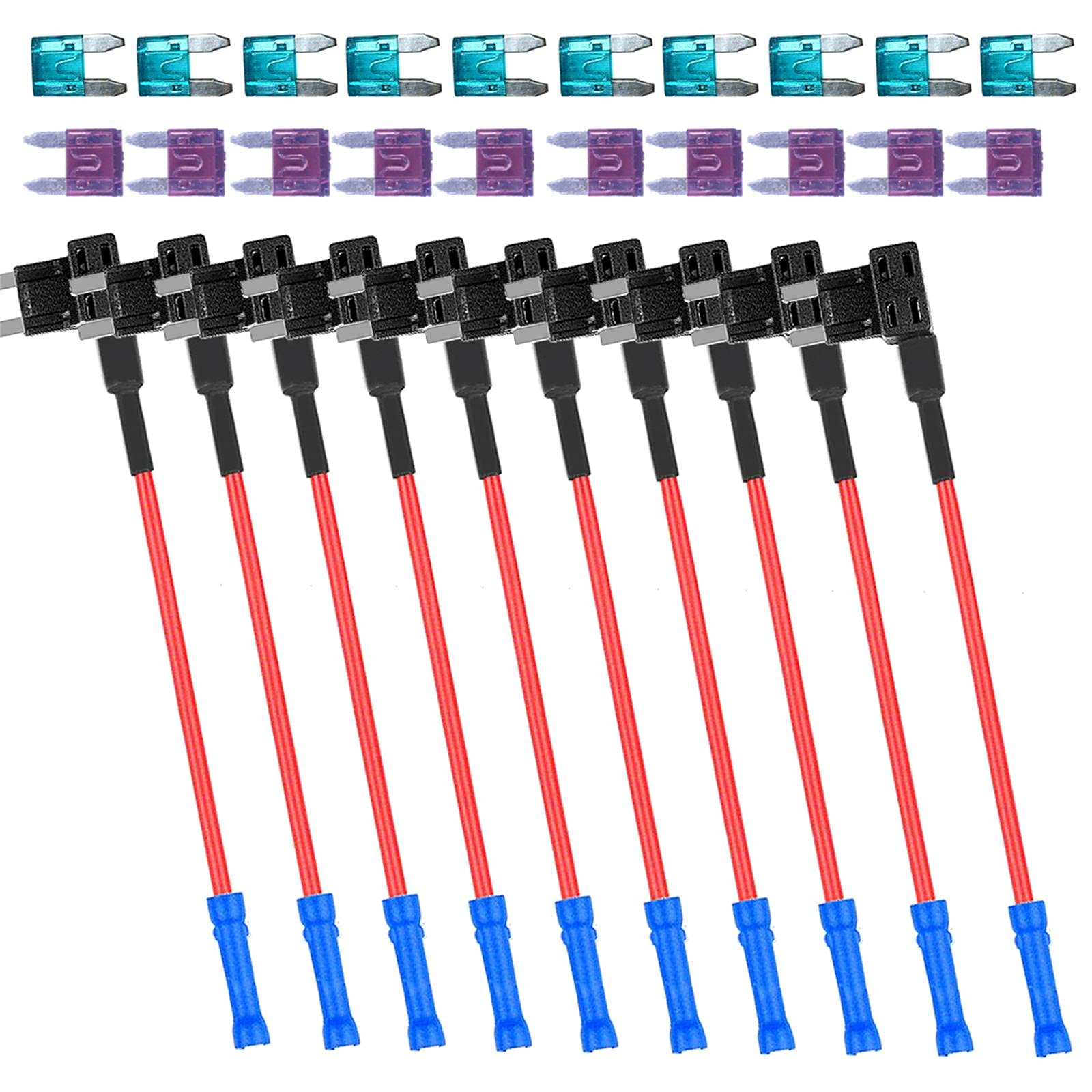 Muhize Mini Fuse Taps - Upgraded 10 Pack Auto Fuse Holder(2023 New), 12V Car Rv Camper Add-A-Circuit Fuse Tap Adapter, With 15 Amp And 40 Amp Mini Atm Apm Blade Fuse