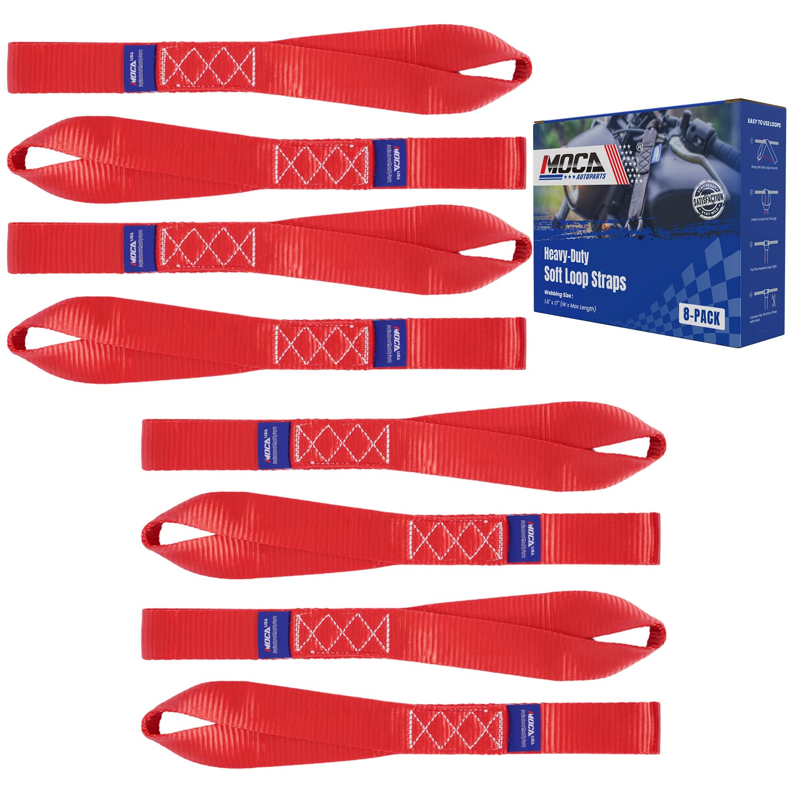 Moca 8-Pack Soft Loop Tie Down Straps 12000 Lbs Breaking Strength 1.6 X 17 Inches, Heavy Duty Tie Down Loops For Secure Traileri