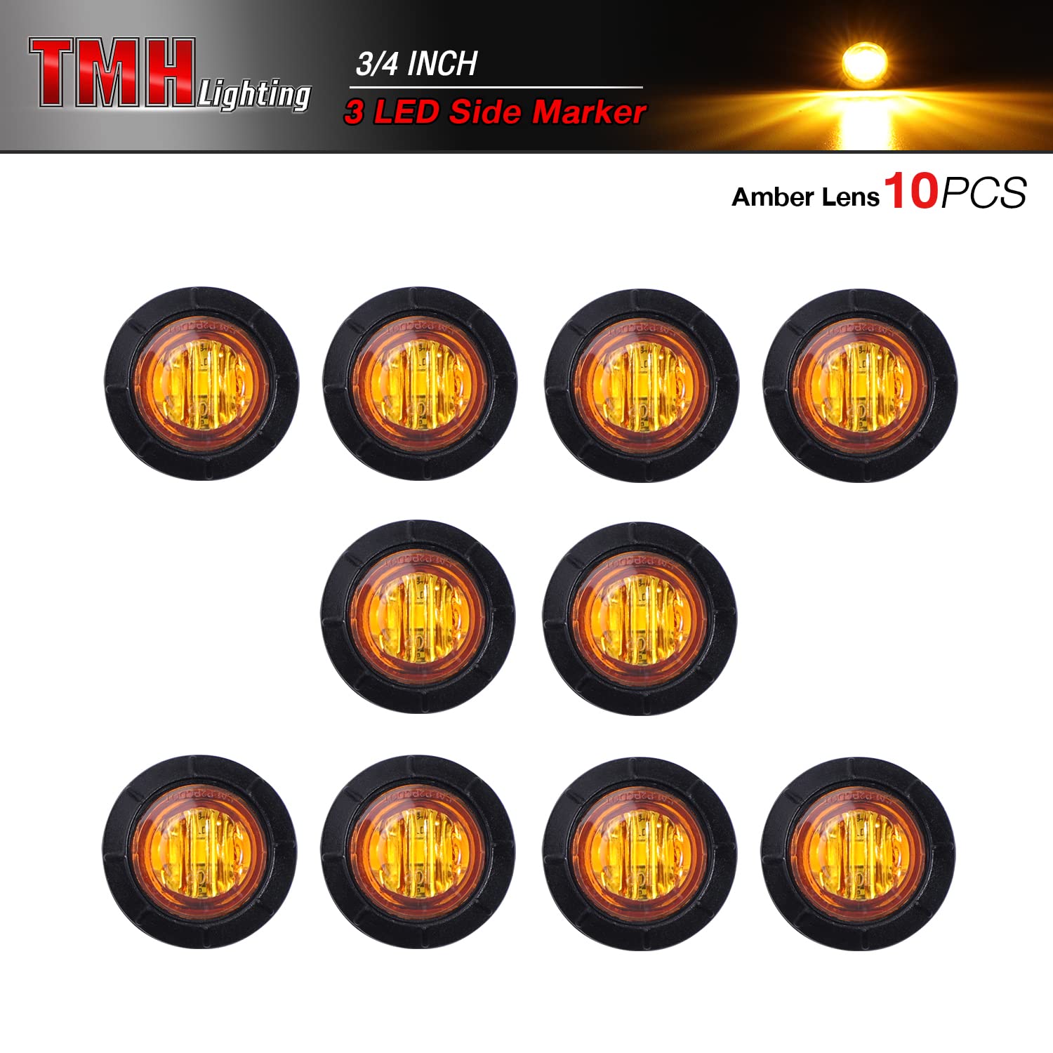 Tmh 3/4 Inch Mount 10 Pcs Amber Led Clearance Bullet Side Led Marker Lights For Trailer Truck Rv Car Bus Van (Pack Of 10)
